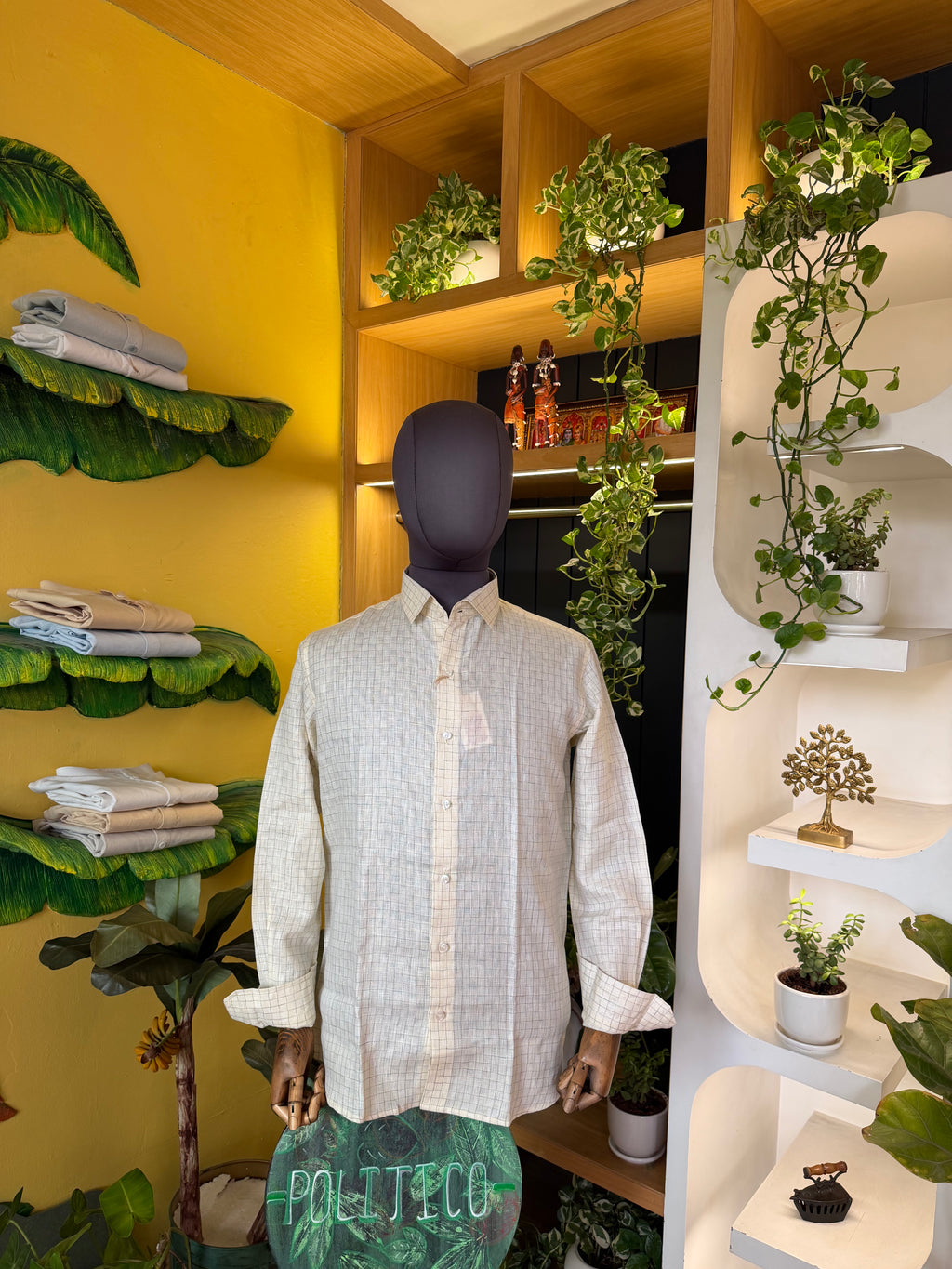 Politico mens shirt (shirt 2 vintage beige textured with checks Linen shirt)