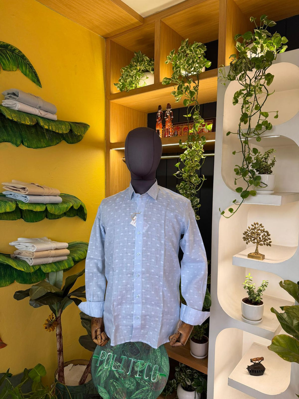 Jacquard sky blue linen shirt