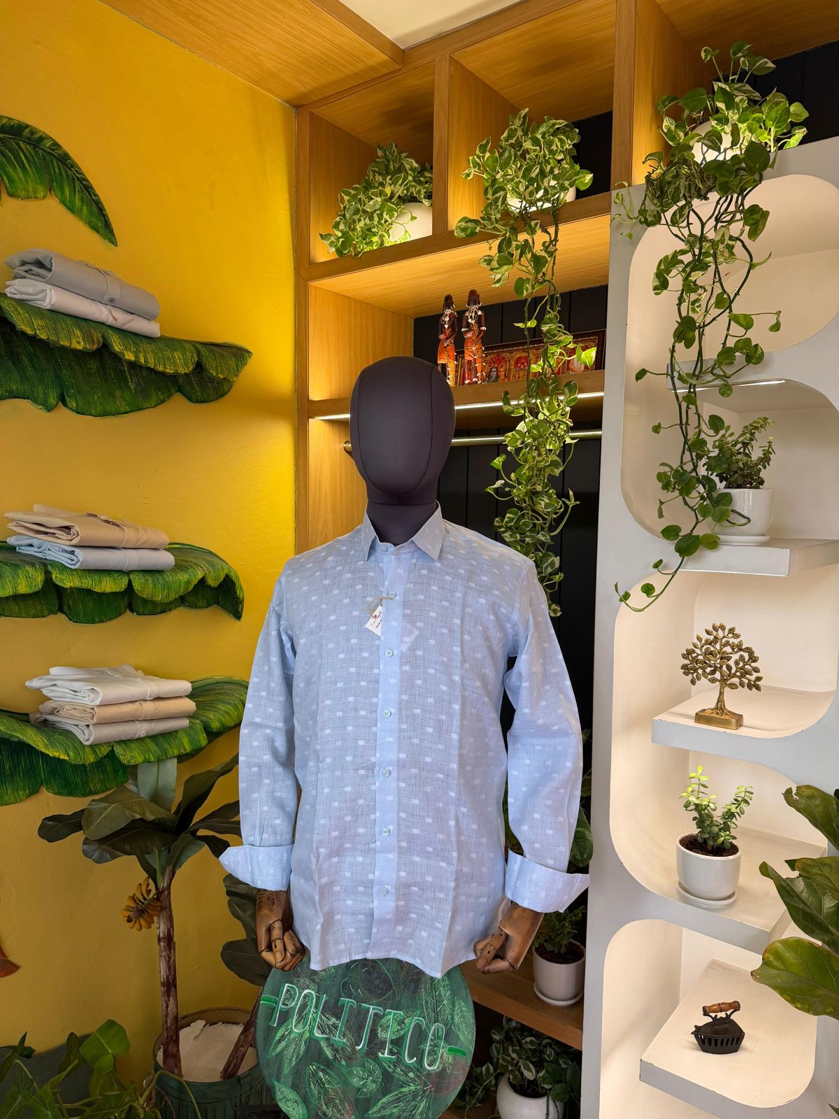 Jacquard sky blue linen shirt