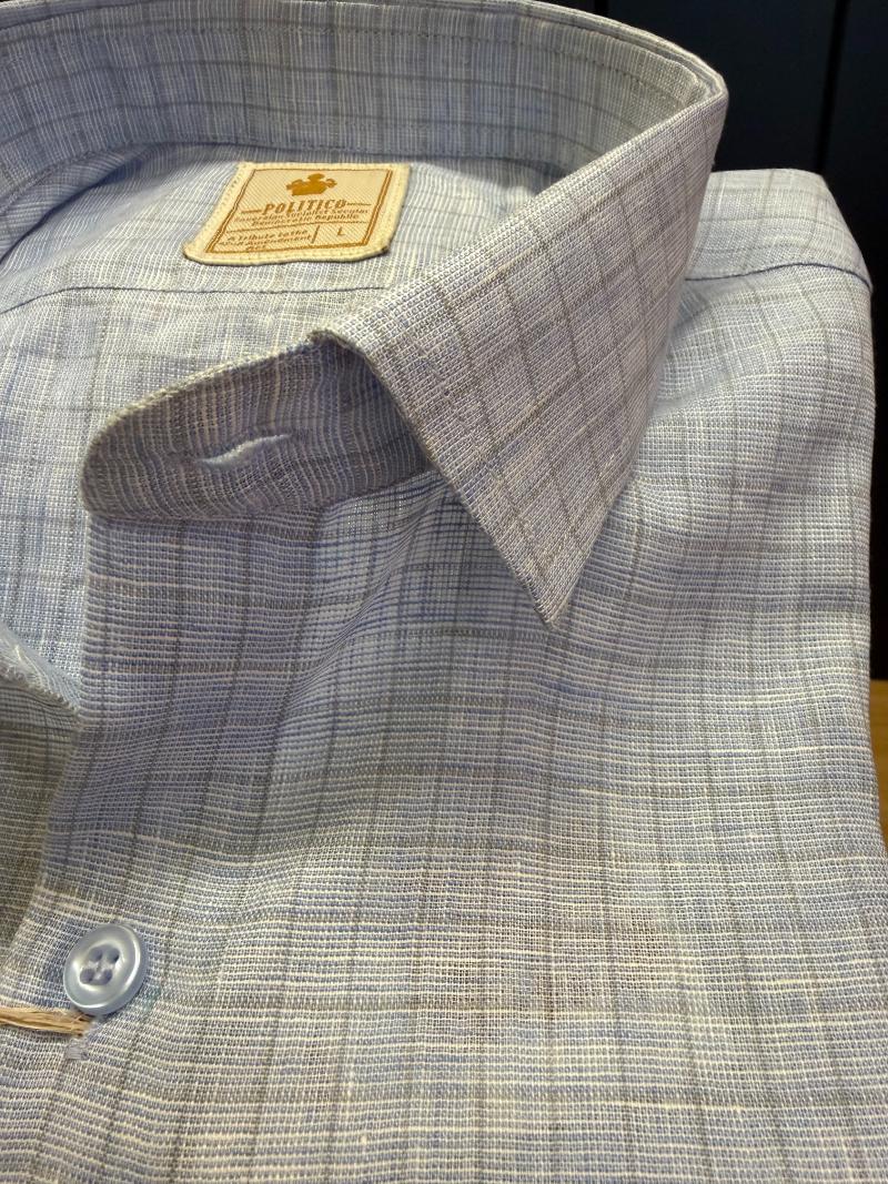 Politico mens linen shirt cool blue color with grey checks