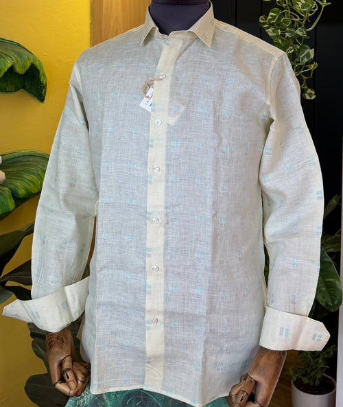 Jacquard lemon zest linen shirt(shirt 39 lemon zest linen jacquard teal and grey motif)