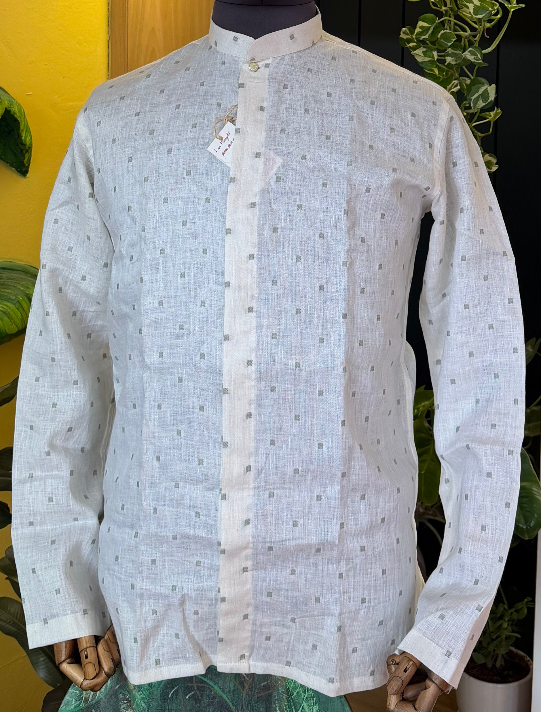 Lemon zest with olive Mandarin cut Linen Shirt