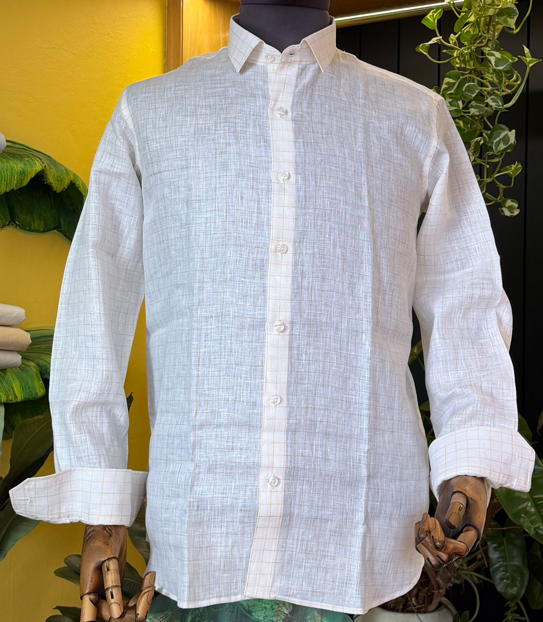 Lemon and Orange checks on lemon base Linen shirt