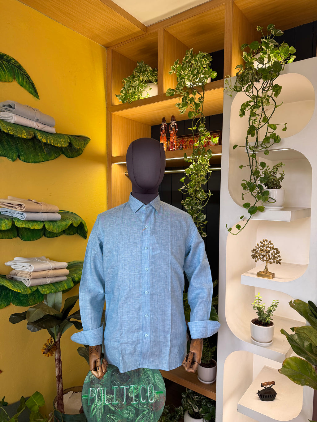 Self textured teal linen shirt