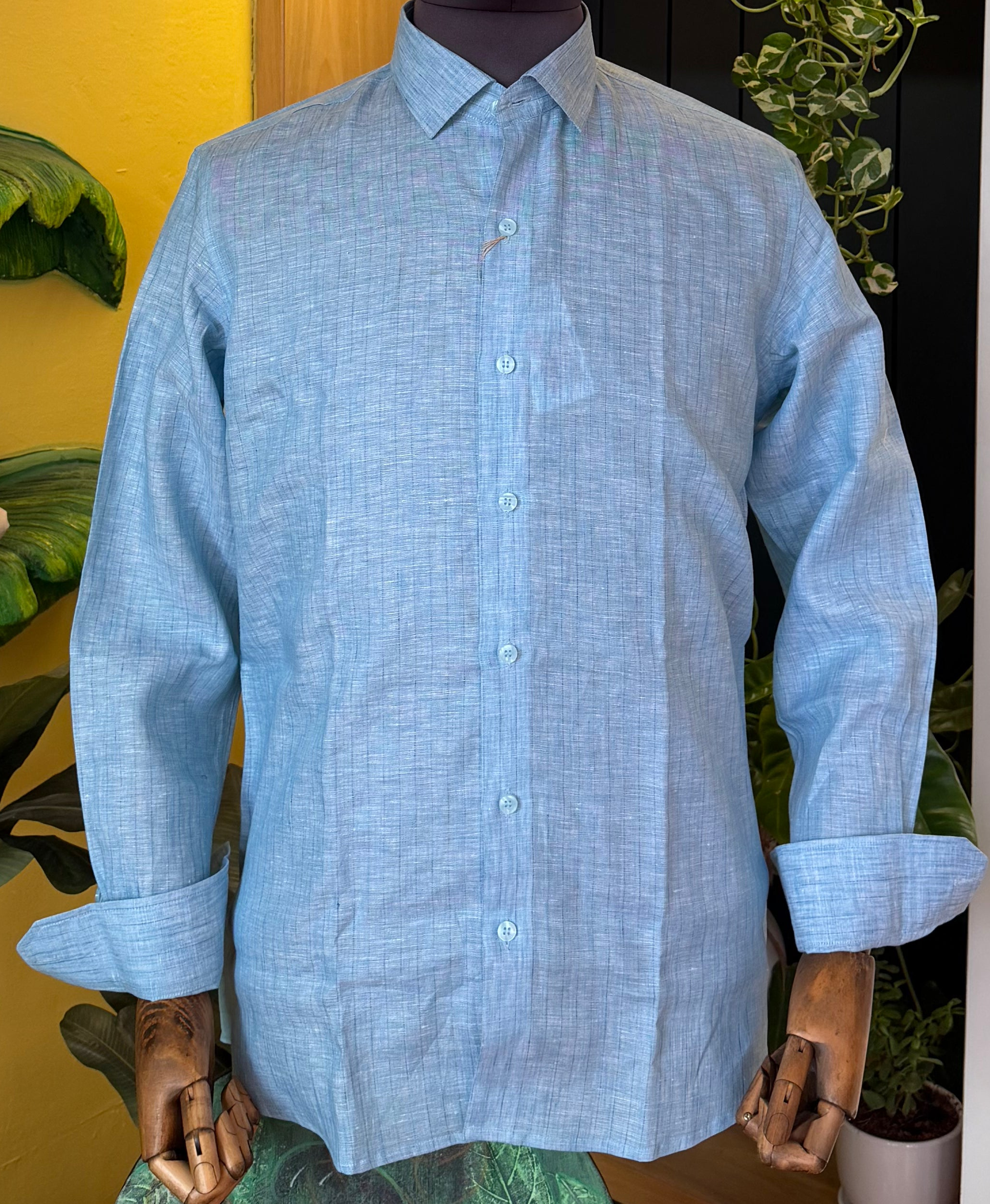 Self textured teal linen shirt