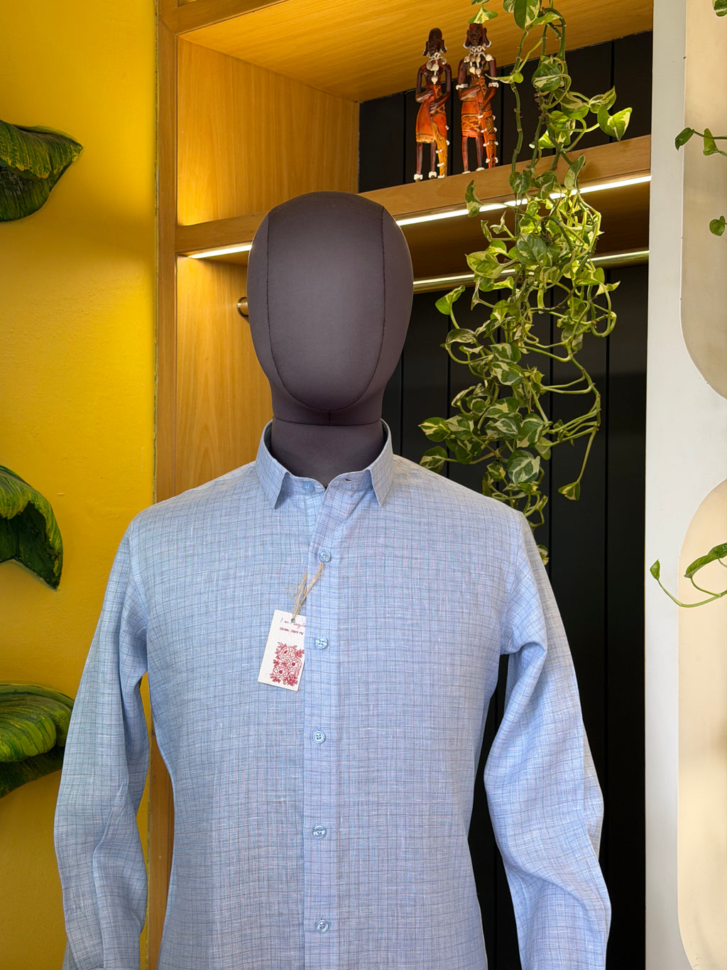 Politico mens linen shirt cool blue color with grey checks
