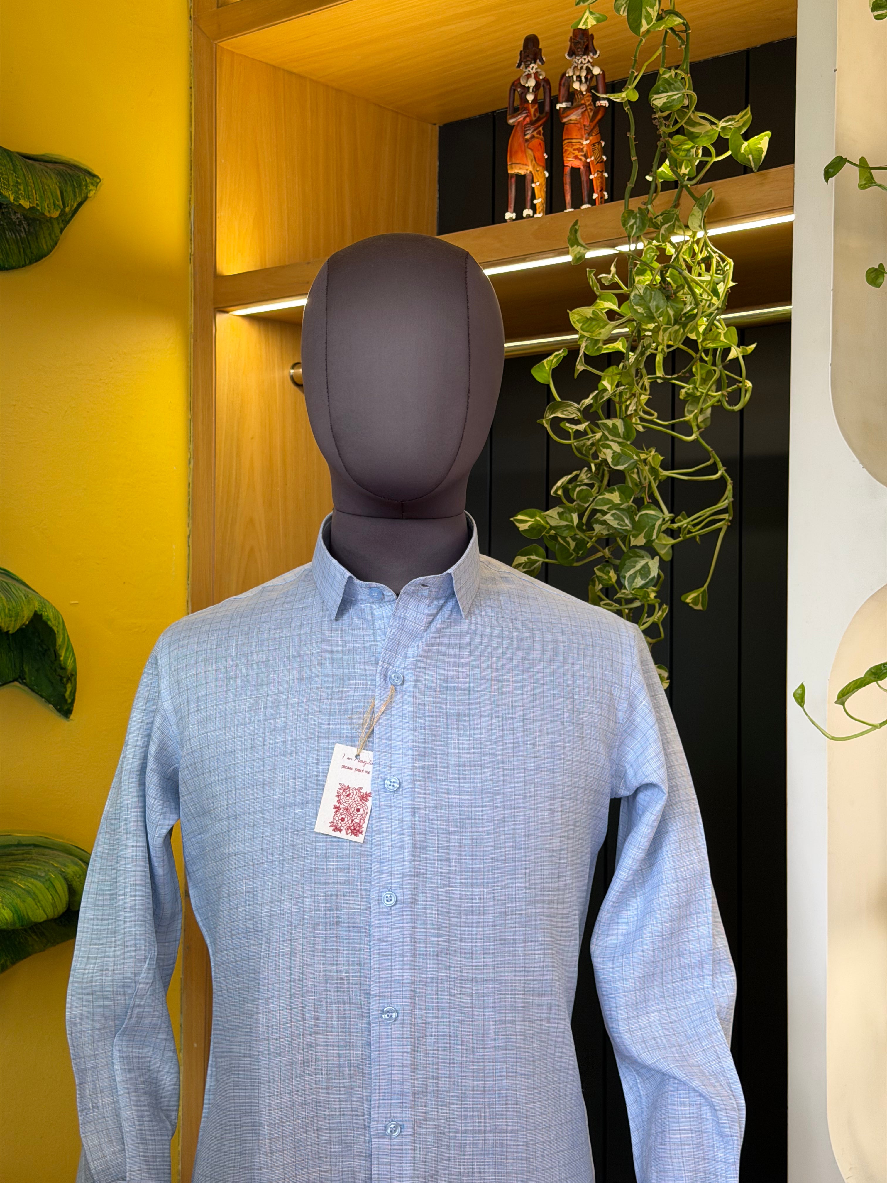 Politico mens linen shirt cool blue color with grey checks