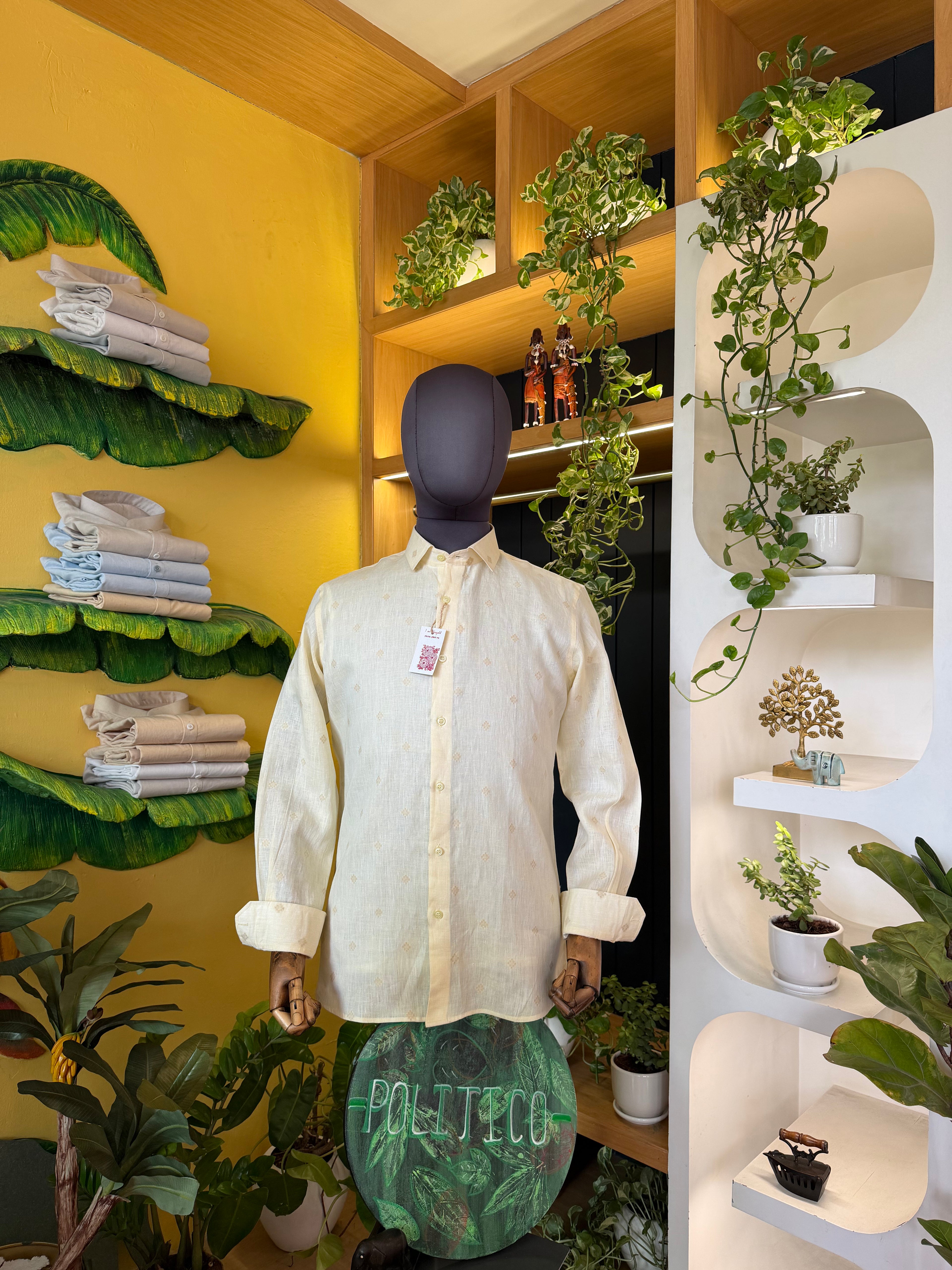 Politico mens shirt wheat on white jacquard linen