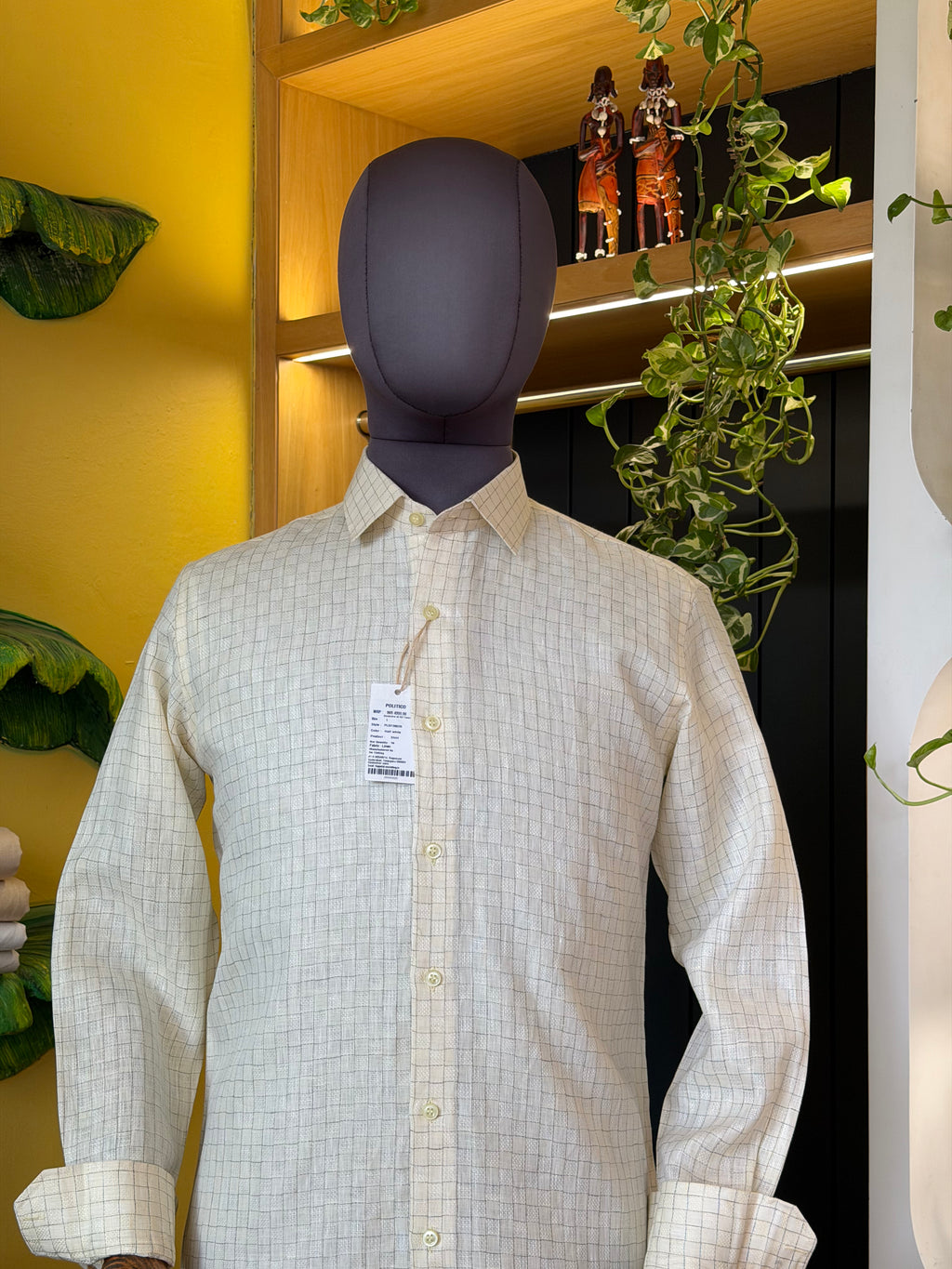 Politico mens shirt (shirt 2 vintage beige textured with checks Linen shirt)