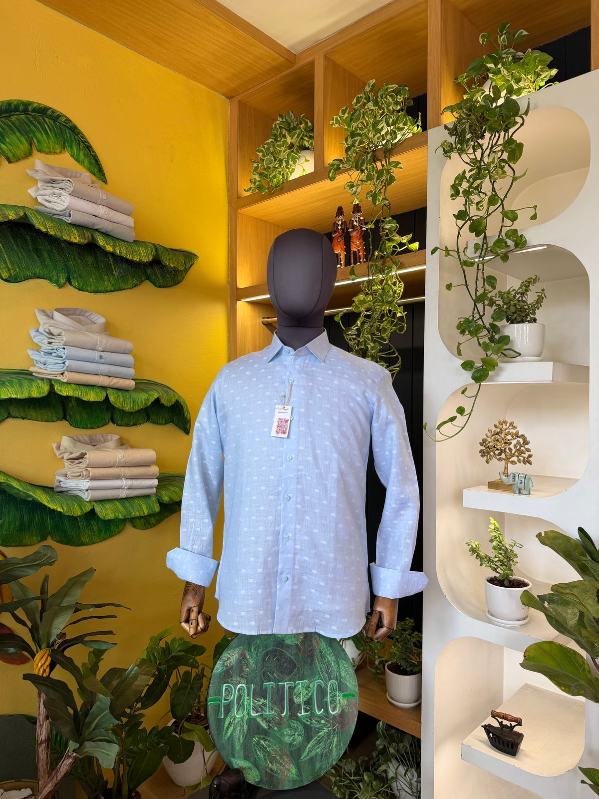 Politico mens white Jacquard on cloud blue linen shirt