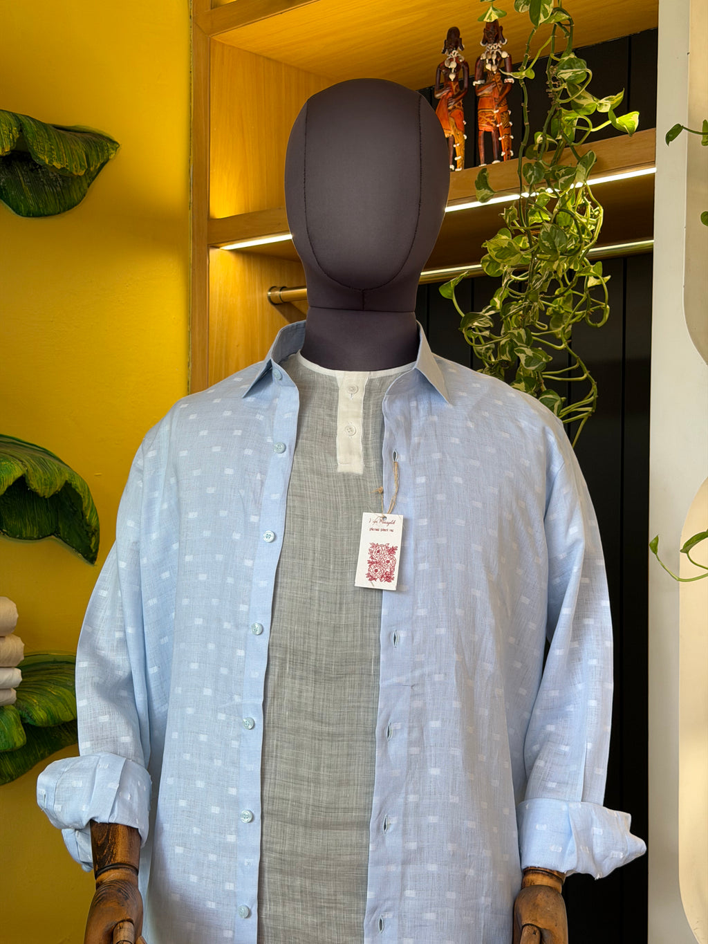 Politico mens white Jacquard on cloud blue linen shirt