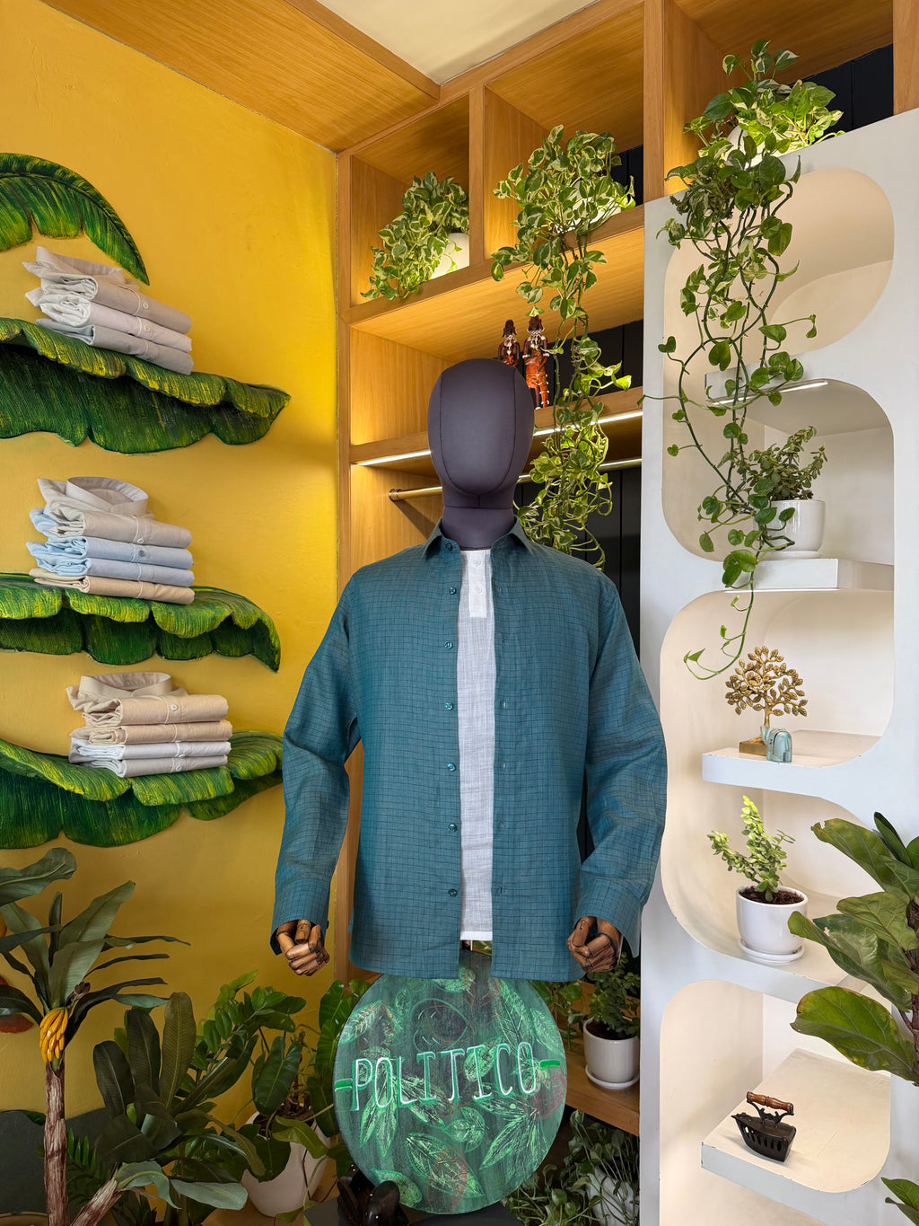 Politico mens sea green checks linen Shirt