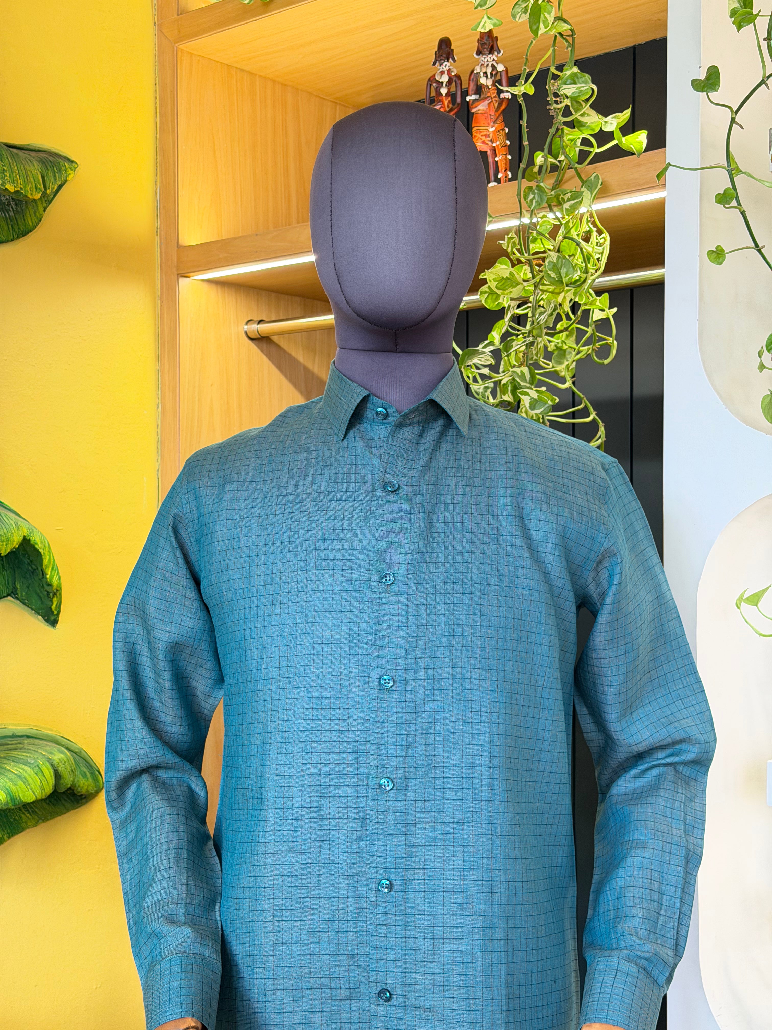 Politico mens sea green checks linen Shirt