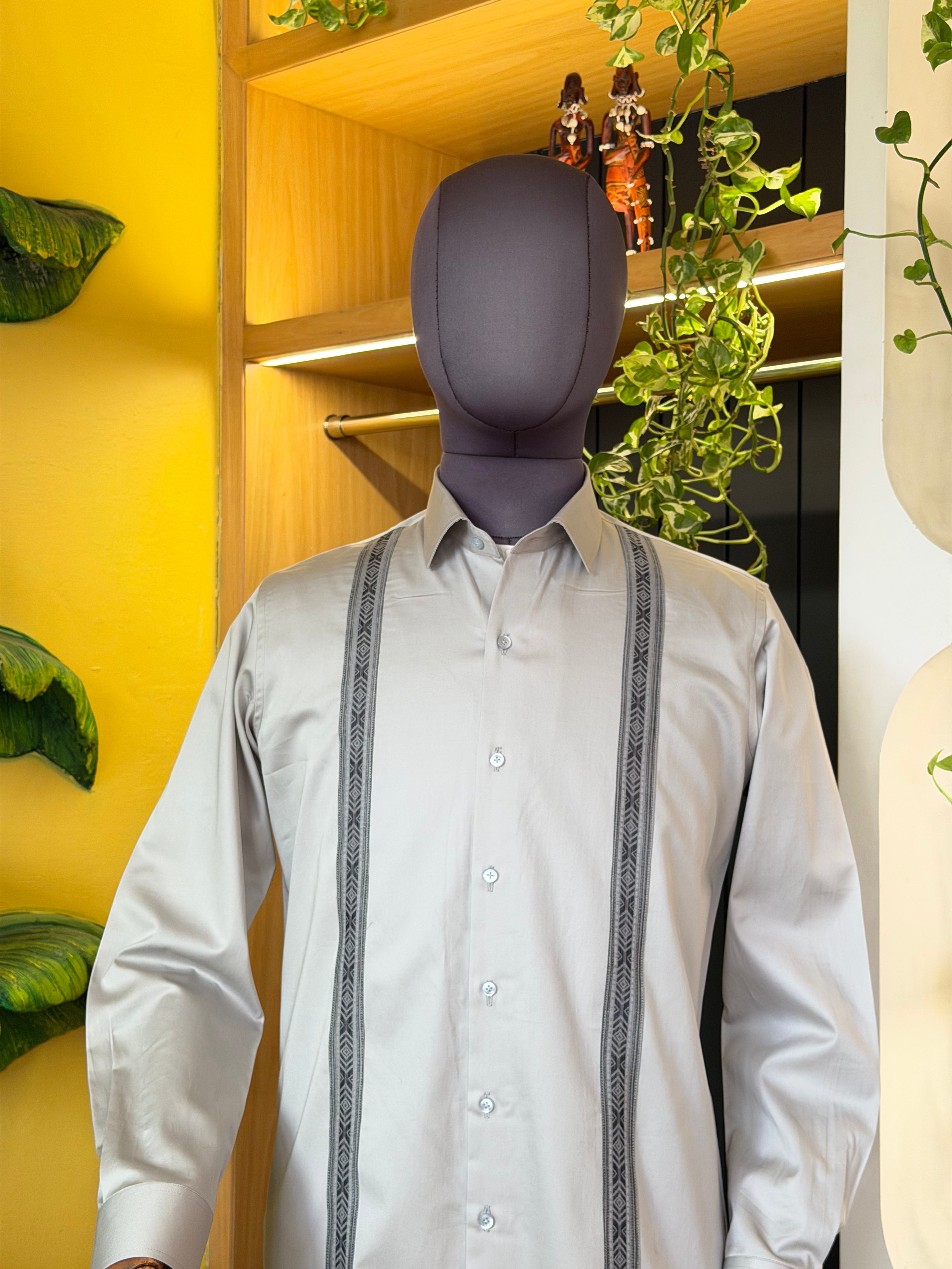 Politico Mens ash and satin cotton shit with linen strip detailing