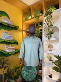Politico Mens pastel green satin cotton shirt with saddle stitch details on the chest