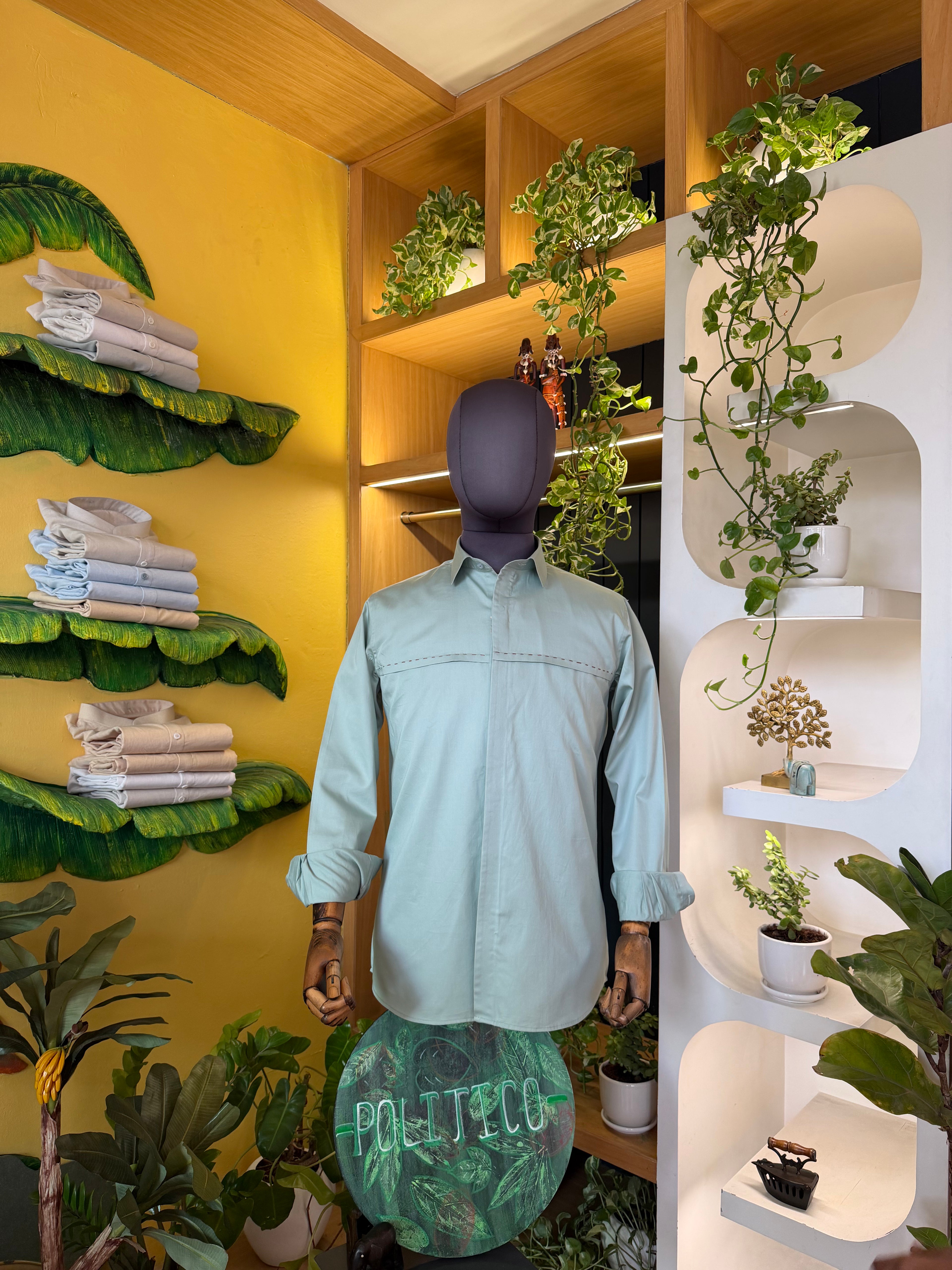 Politico Mens pastel green satin cotton shirt with saddle stitch details on the chest