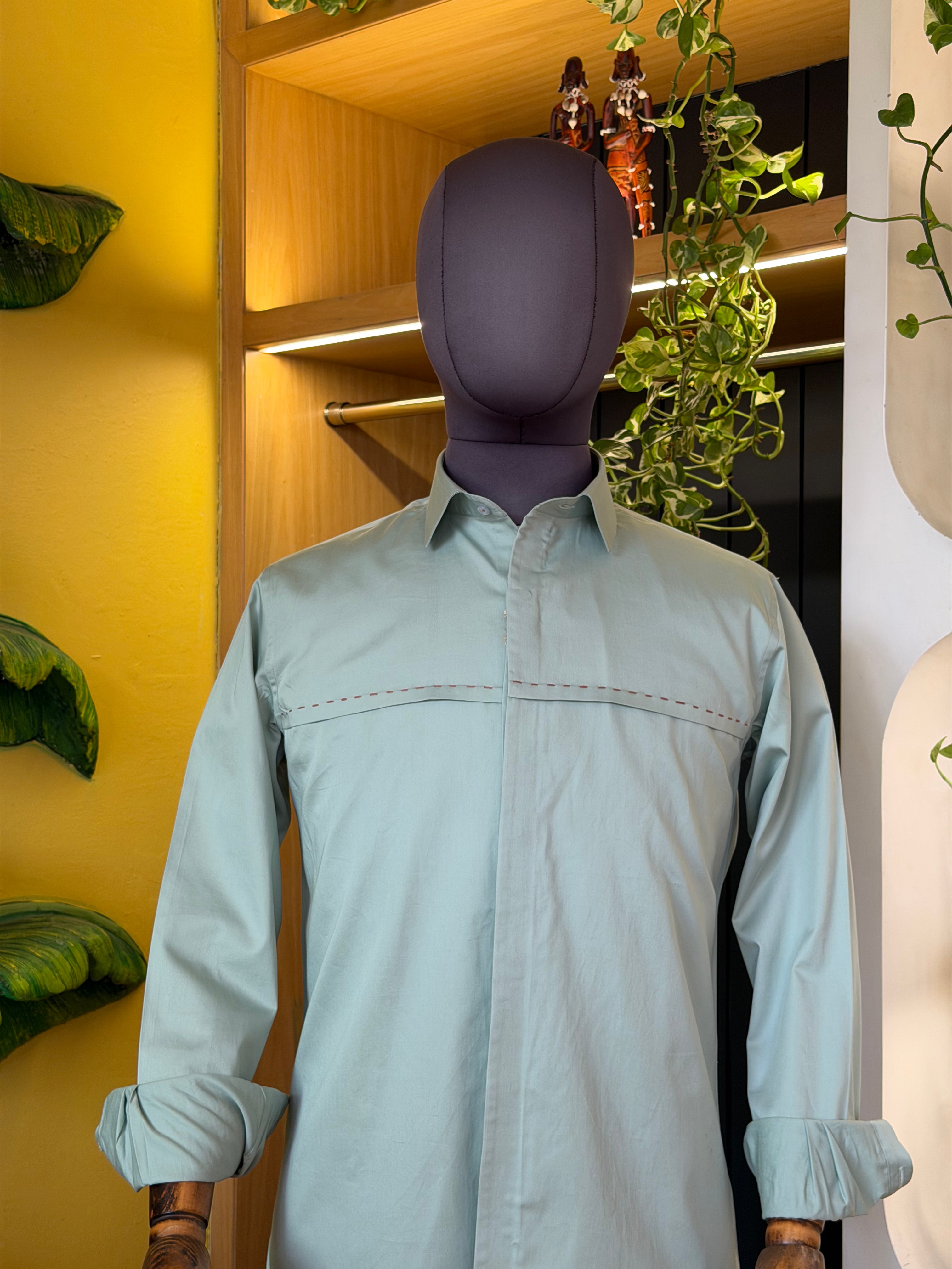 Politico Mens pastel green satin cotton shirt with saddle stitch details on the chest