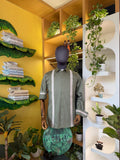 Politico Mens olive green satin cotton shirt with linen strip detailing