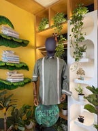 Politico Mens olive green satin cotton shirt with linen strip detailing