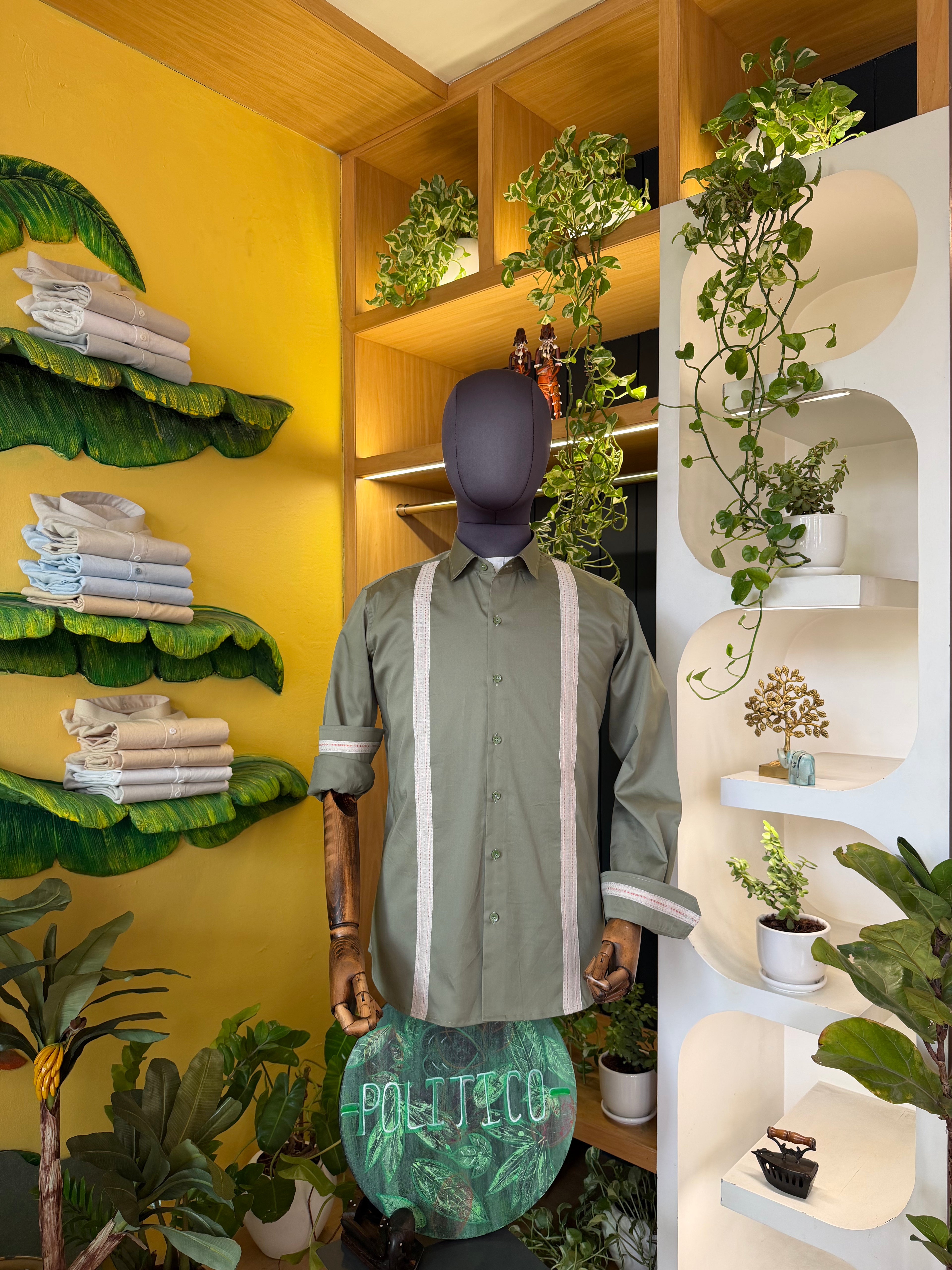 Politico Mens olive green satin cotton shirt with linen strip detailing