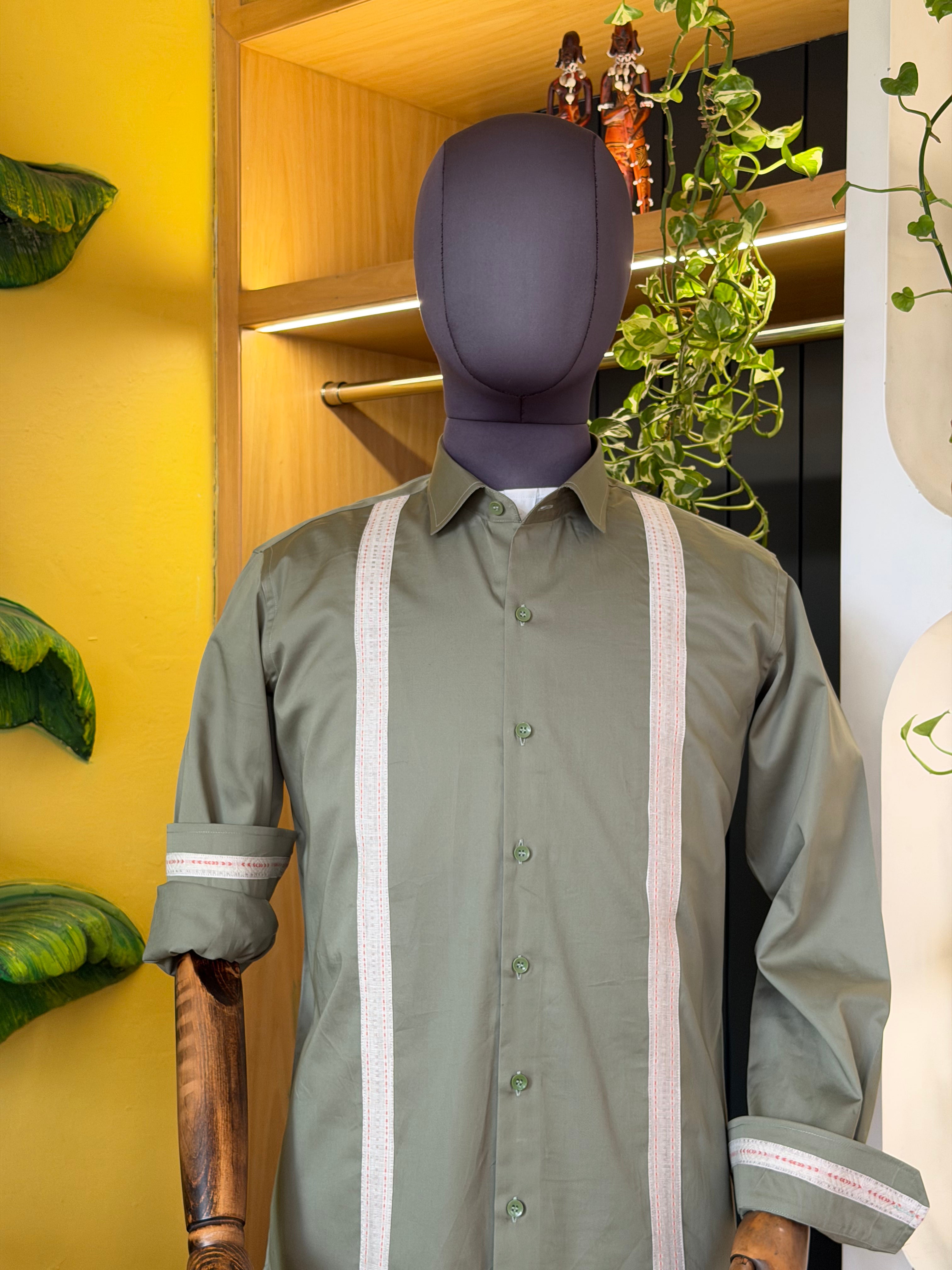 Politico Mens olive green satin cotton shirt with linen strip detailing