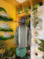 Politico Mens olive green satin cotton shirt with linen strip detailing