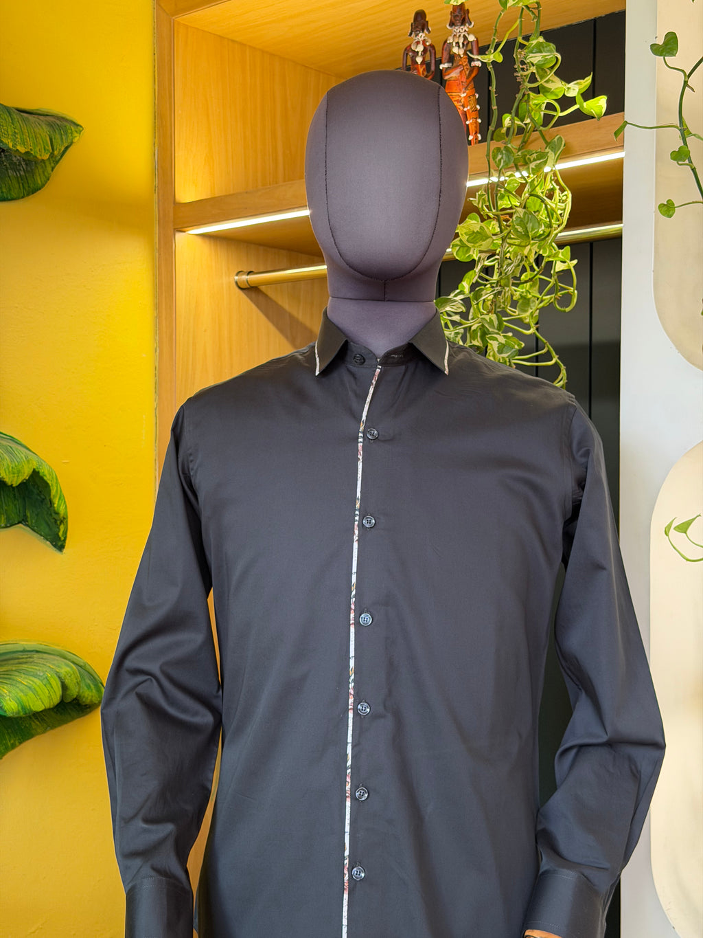 Politico mens shirt charcoal grey satin cotton with floral details