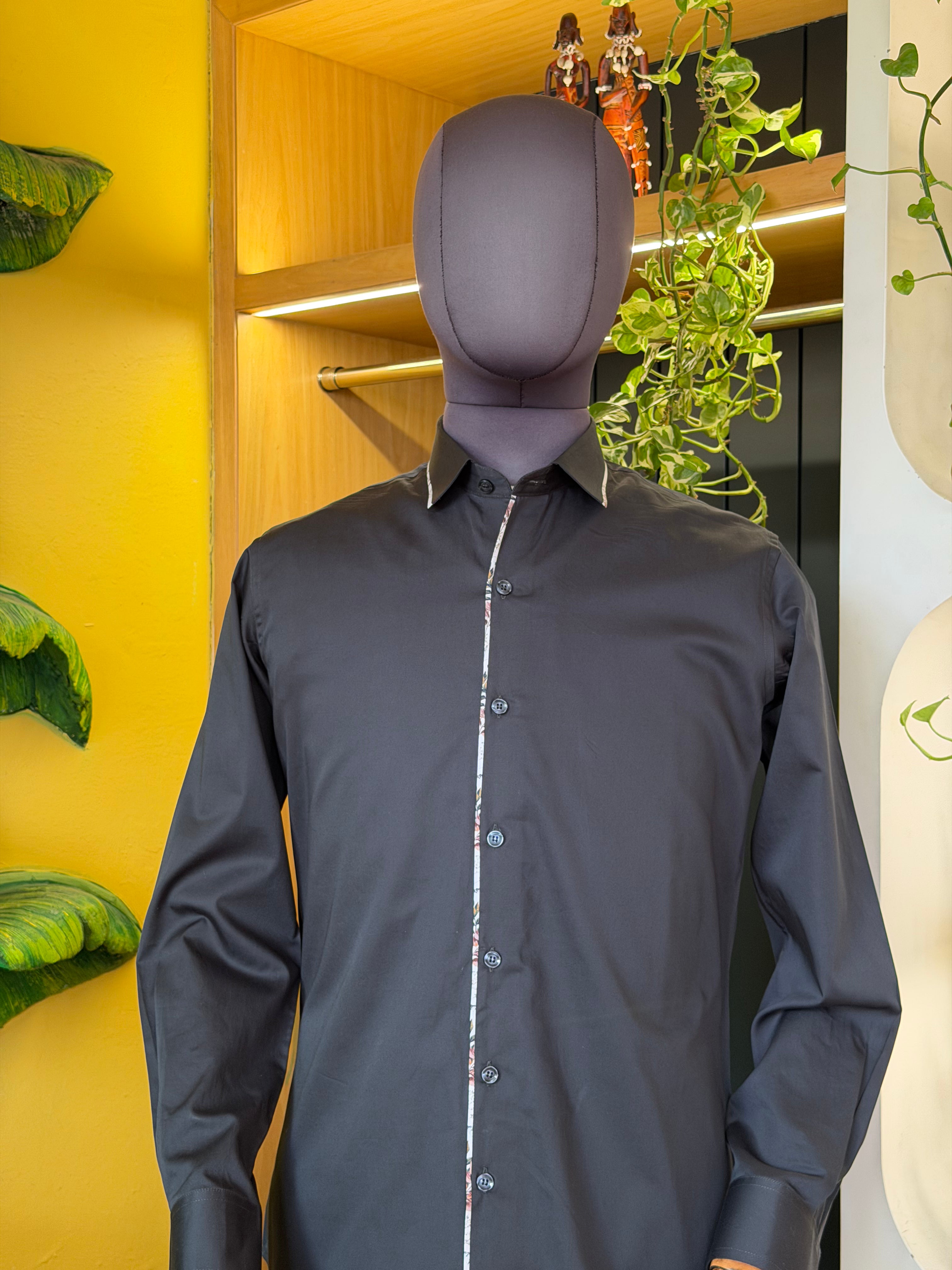 Politico mens shirt charcoal grey satin cotton with floral details
