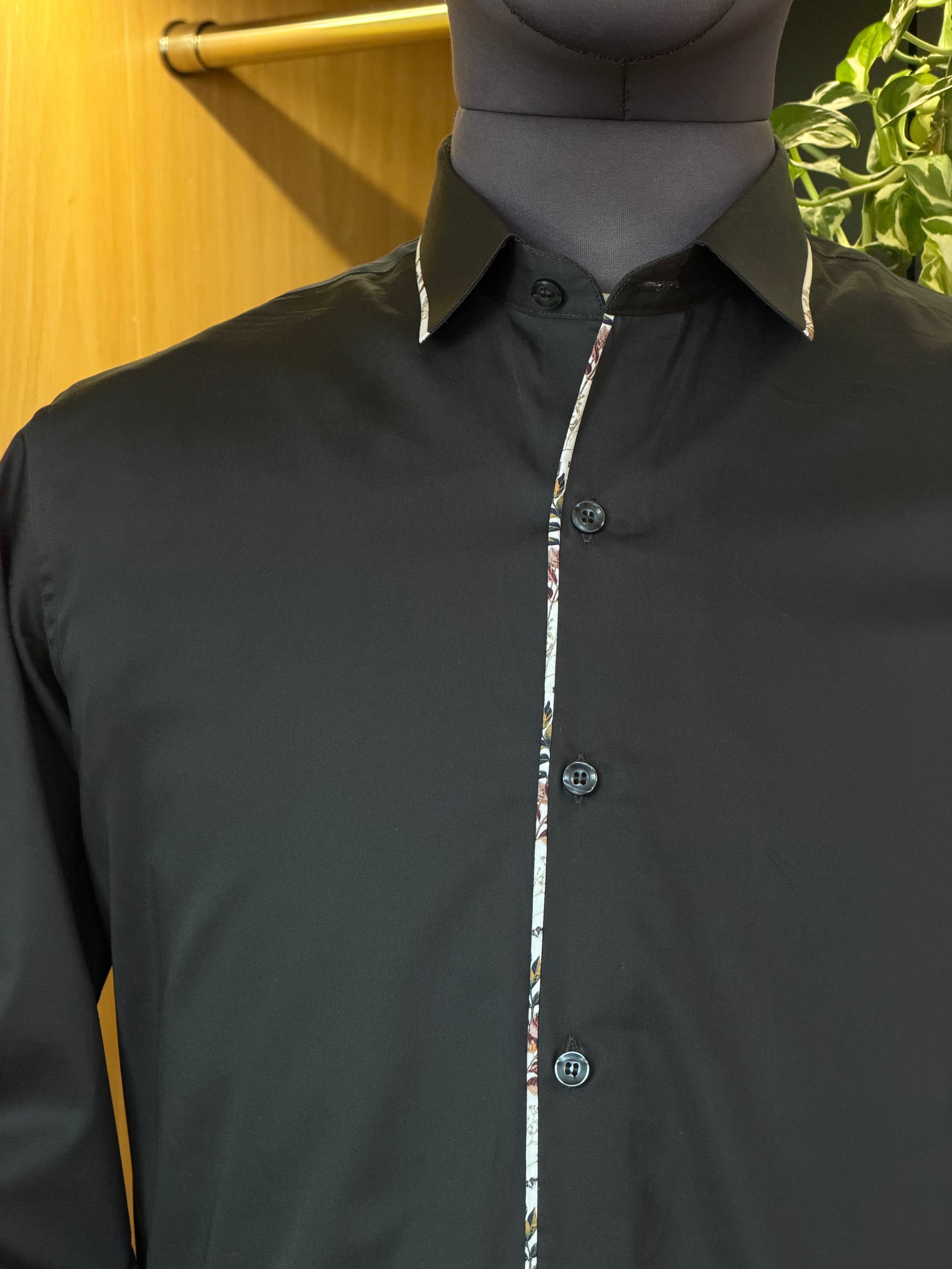 Politico mens shirt charcoal grey satin cotton with floral details