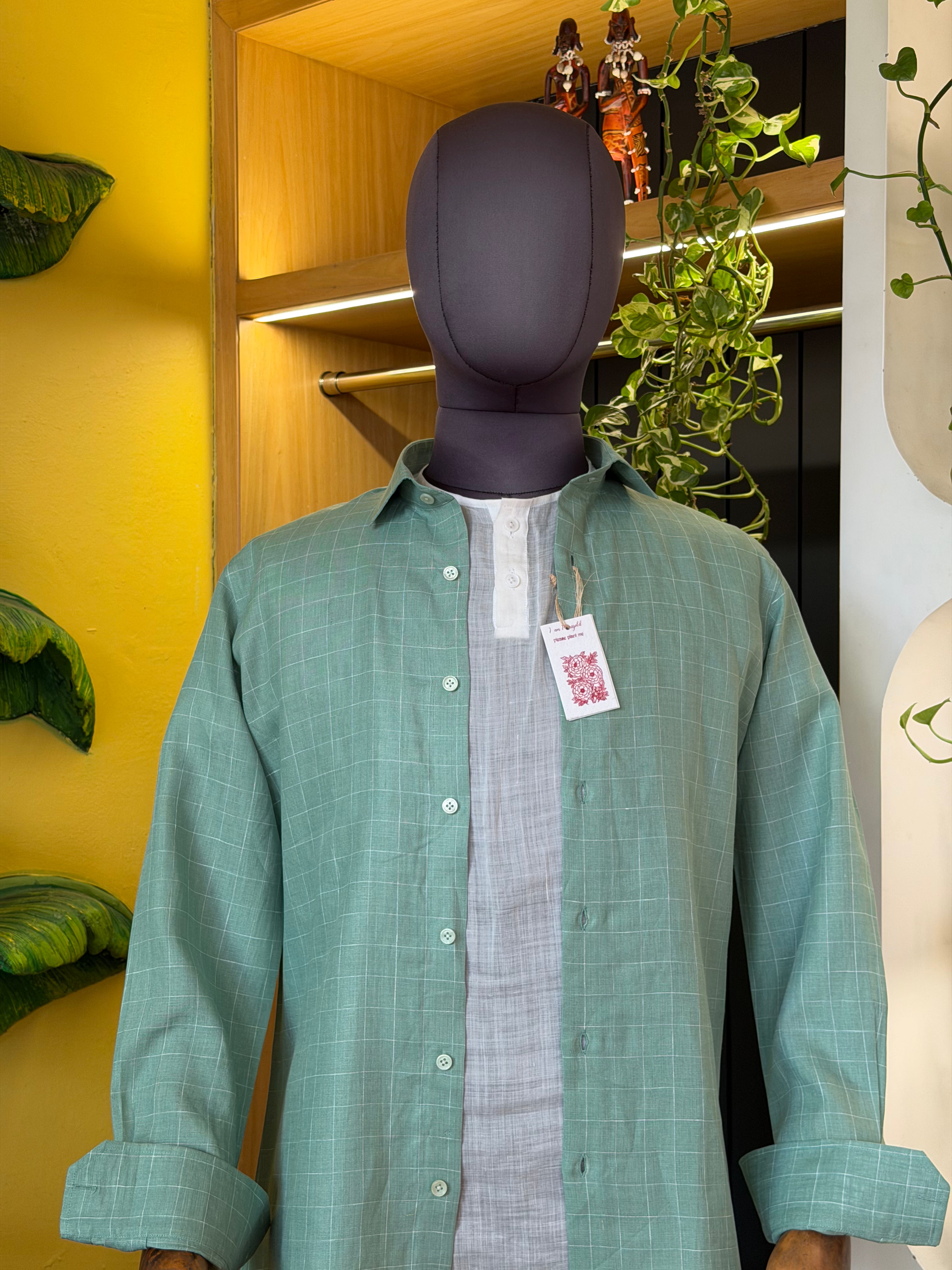 Politico mens linen shirt mint olive base with white checks