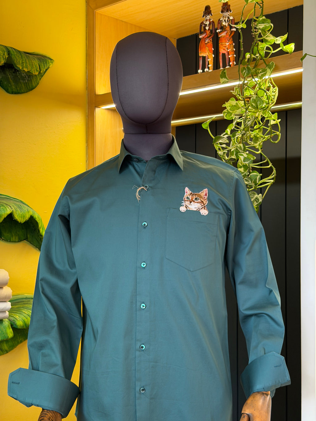 Politico mens cotton olive satin shirt with embroidery cat patch