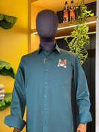Politico mens cotton olive satin shirt with embroidery cat patch