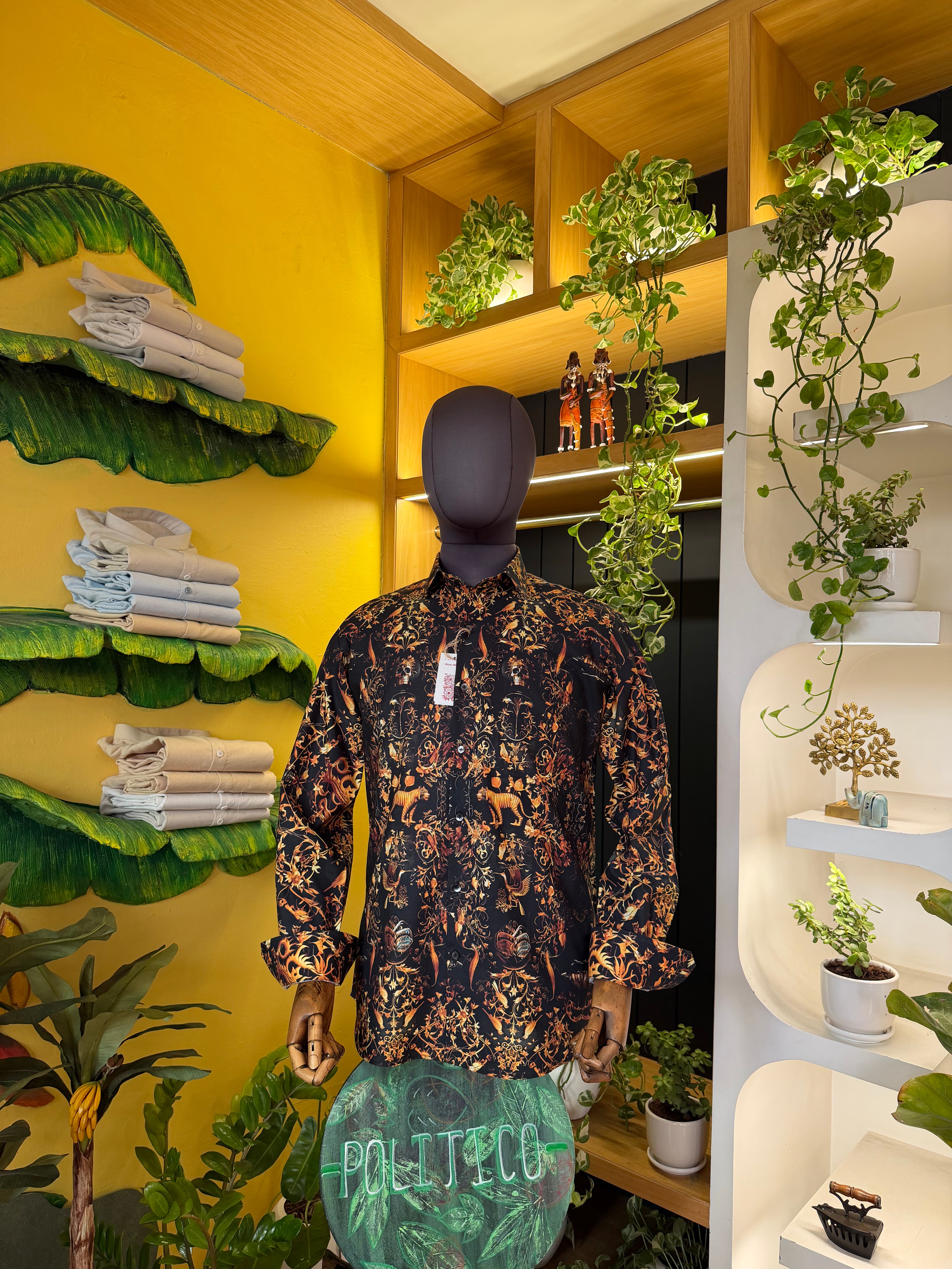 Politico mens shirt satin cotton with gold print