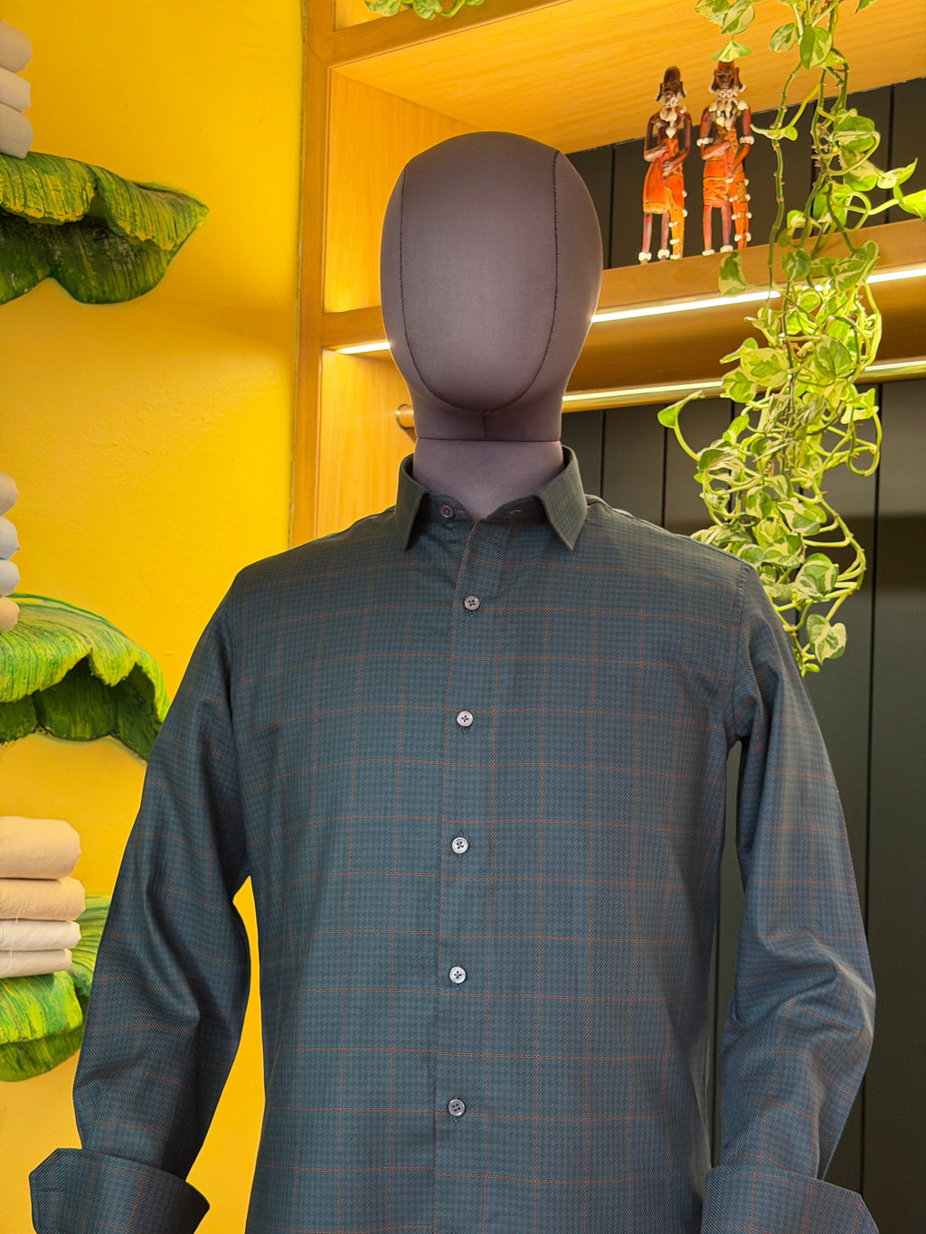 Politico mens dark moss twill and checks giza cotton shirt