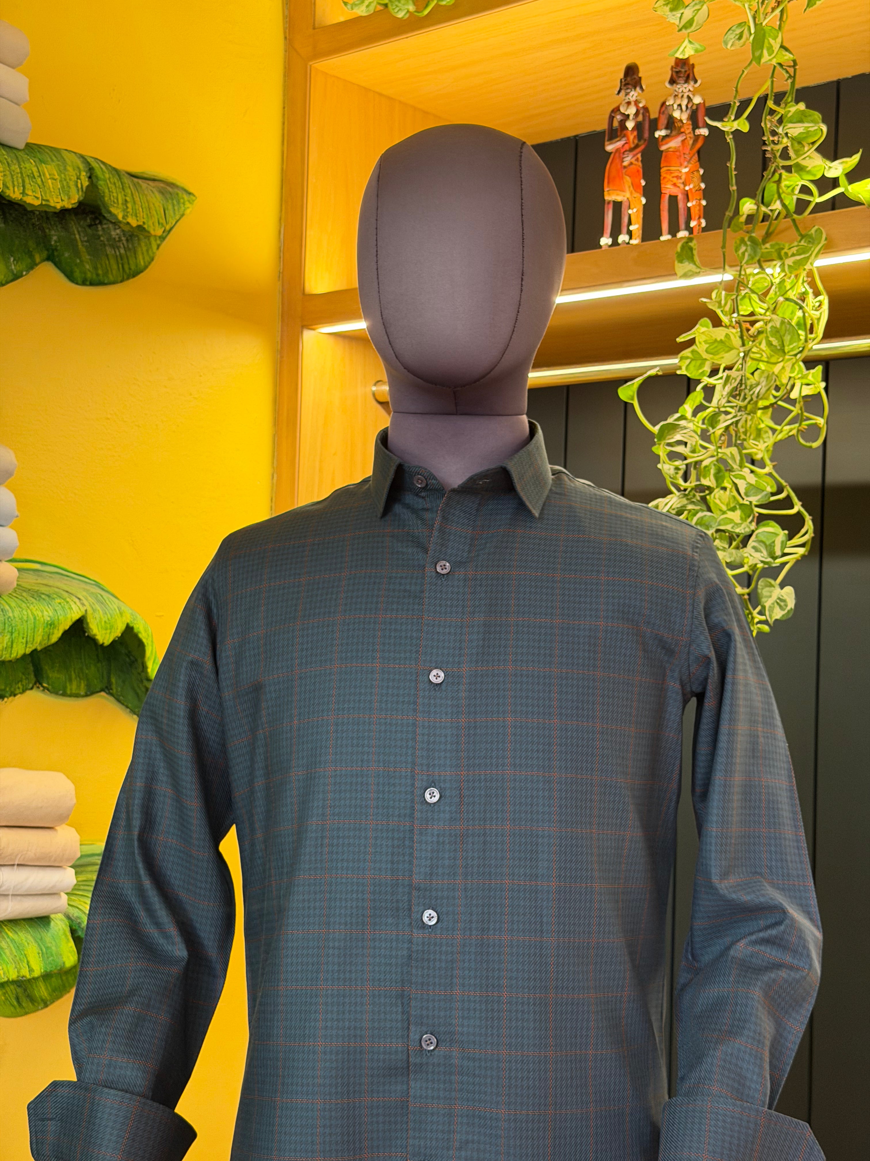 Politico mens dark moss twill and checks giza cotton shirt
