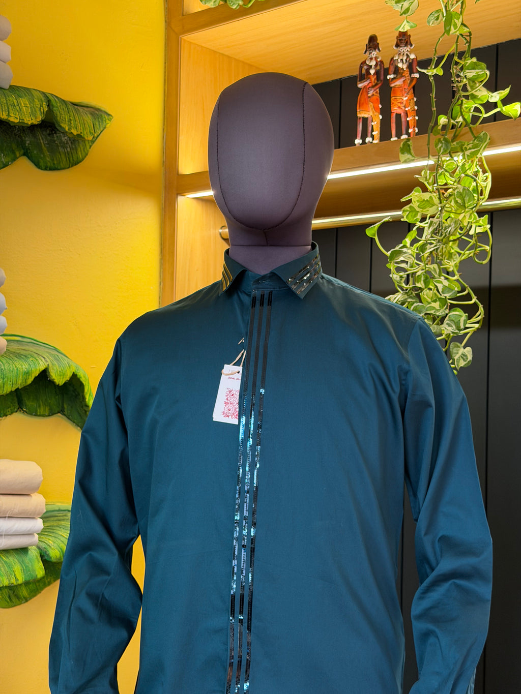 Politico mens cotton shirt with electric sea green with shiny strips