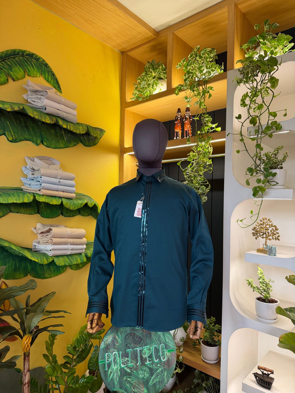 Politico mens cotton shirt with electric sea green with shiny strips