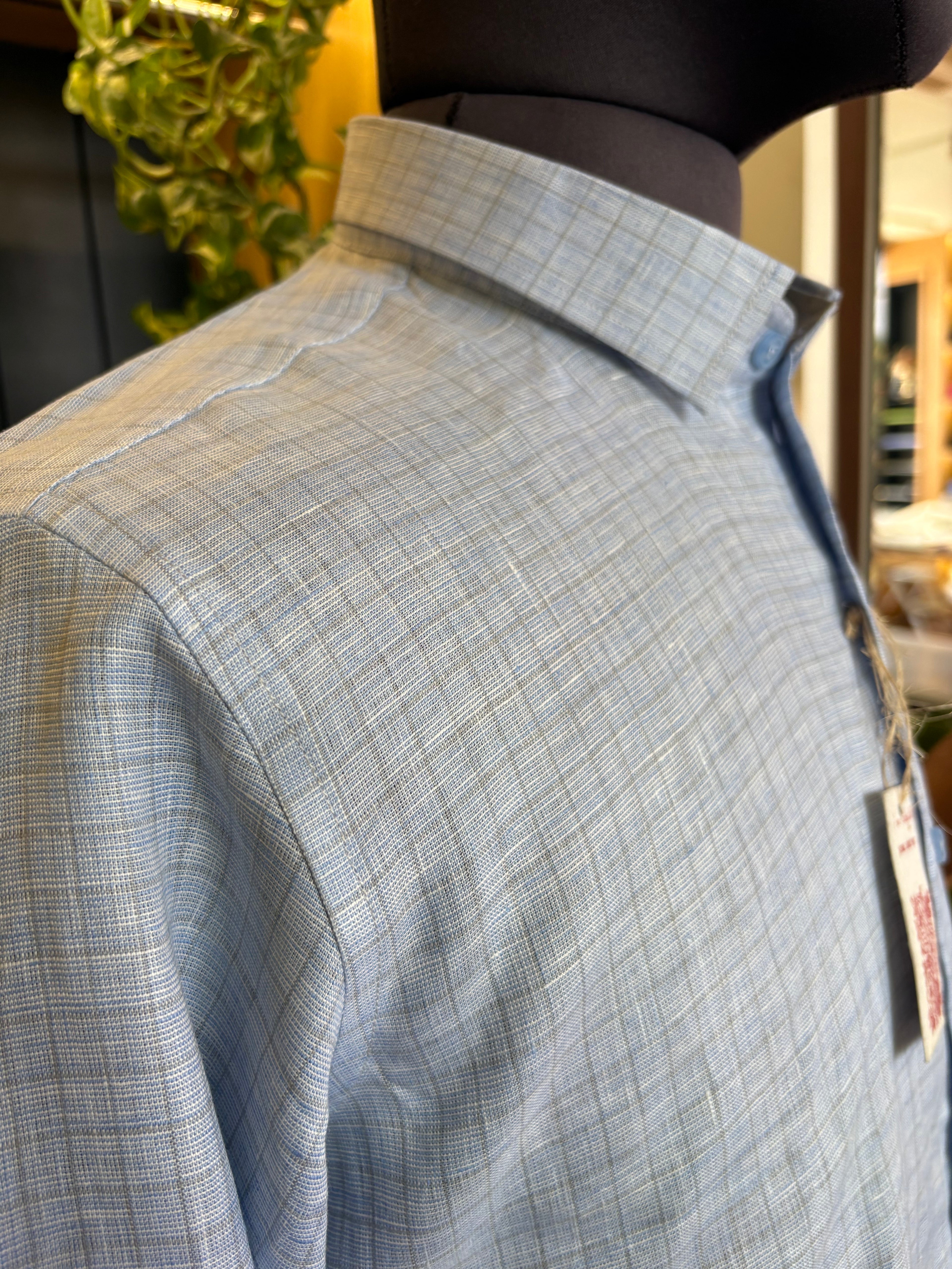 Politico mens linen shirt cool blue color with grey checks
