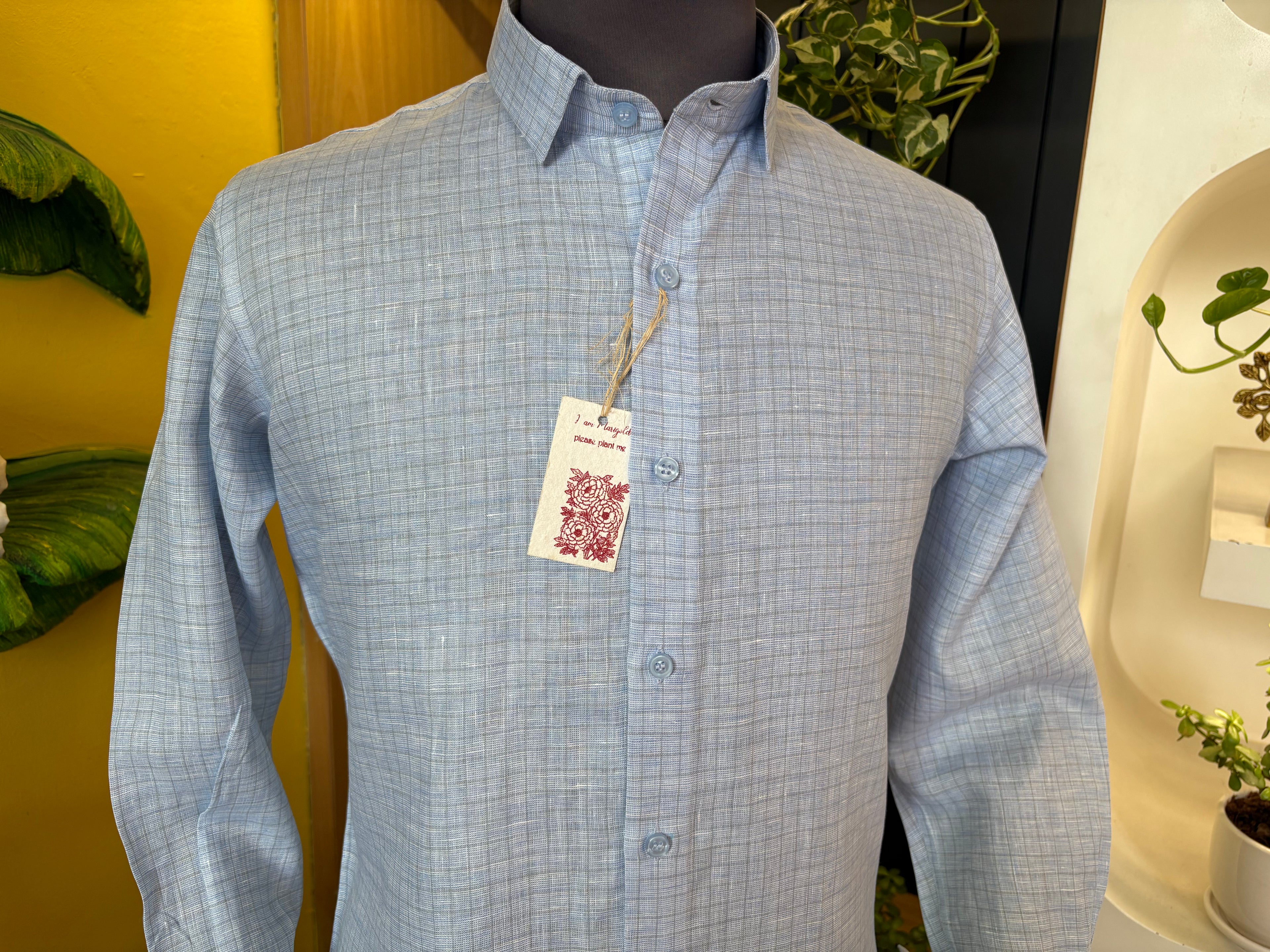 Politico mens linen shirt cool blue color with grey checks