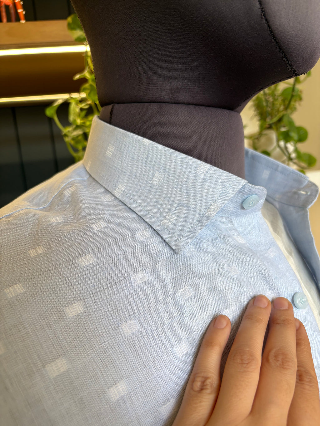 Politico mens white Jacquard on cloud blue linen shirt