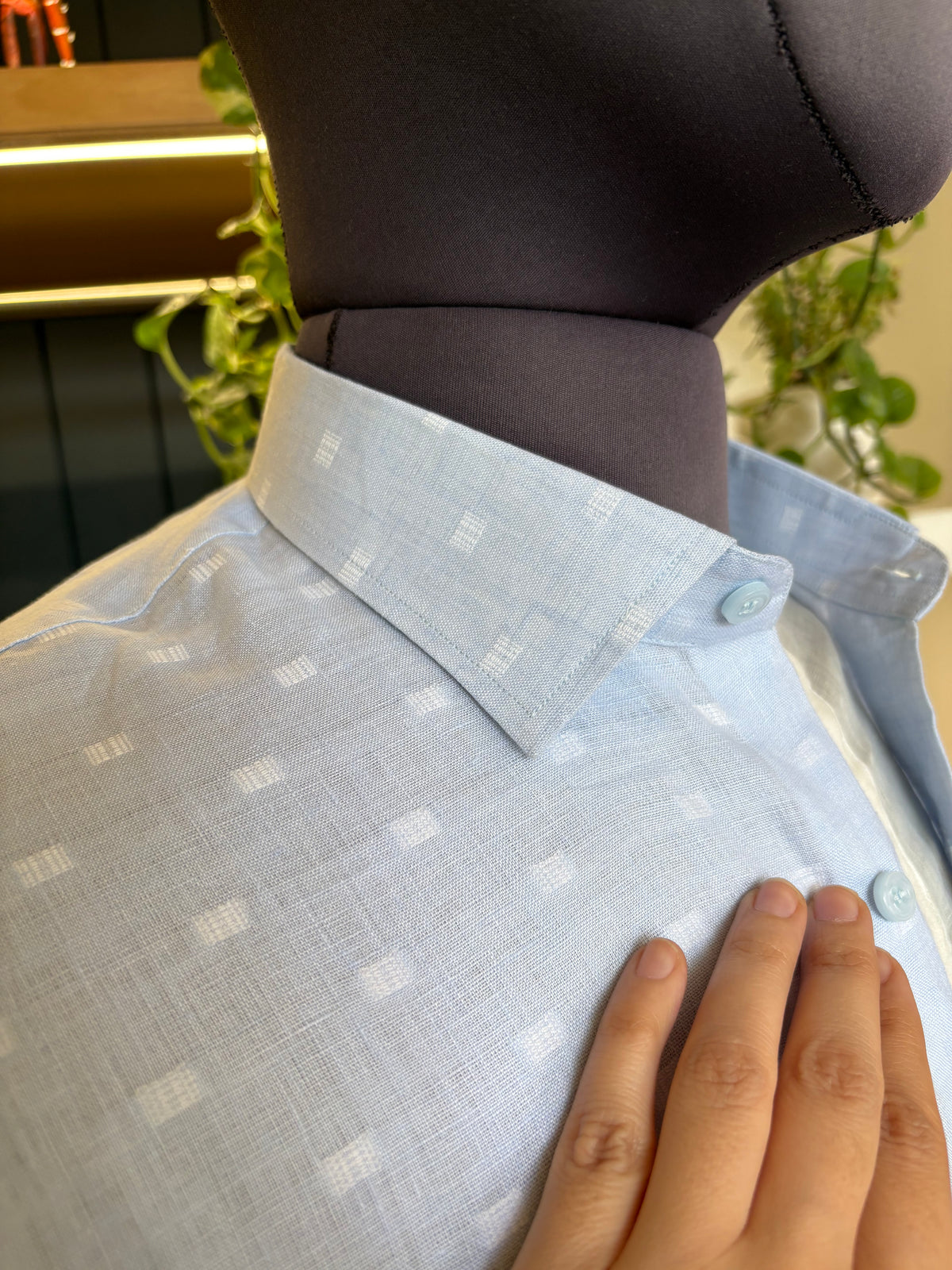 Politico mens white Jacquard on cloud blue linen shirt