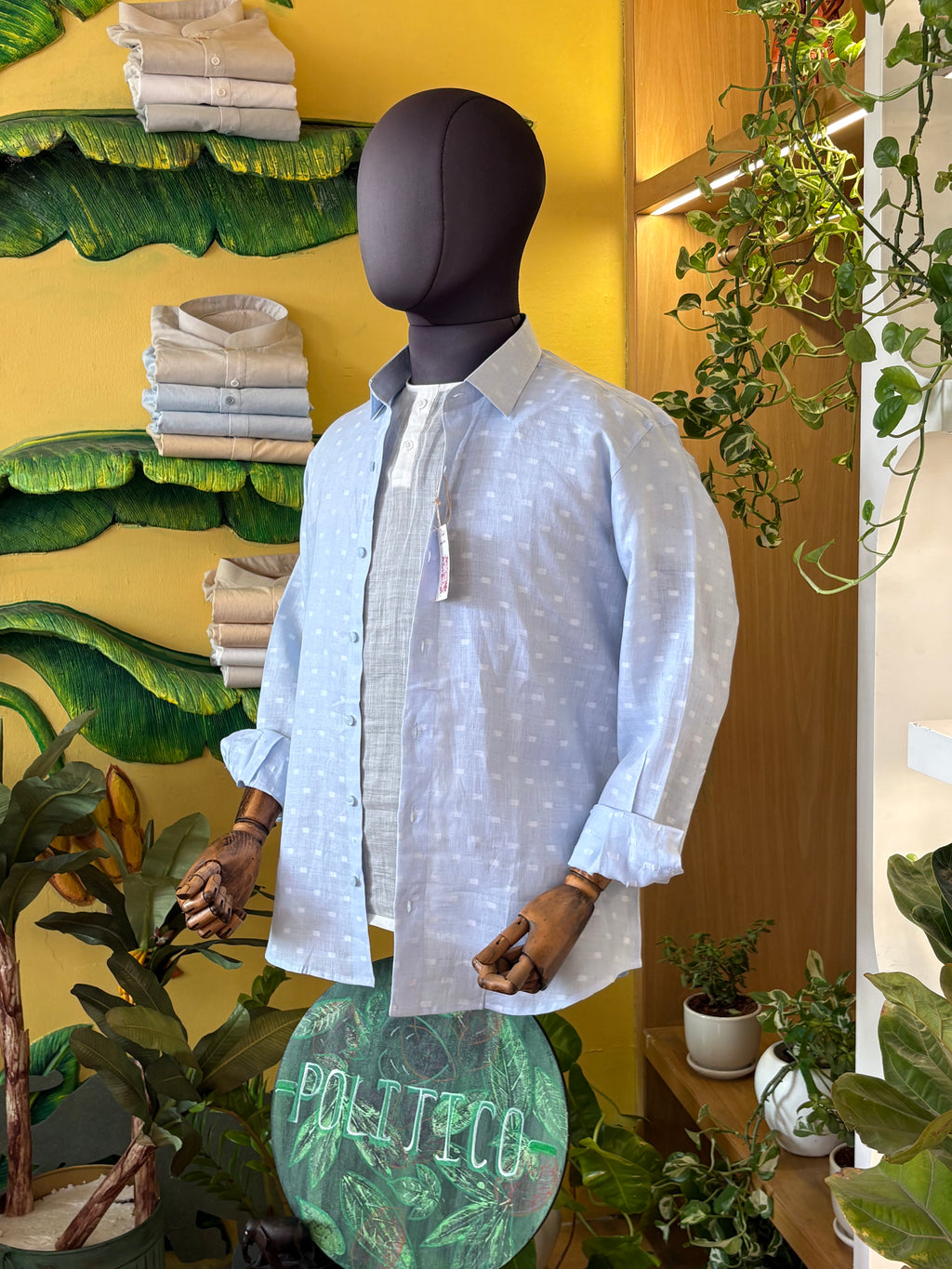 Politico mens white Jacquard on cloud blue linen shirt