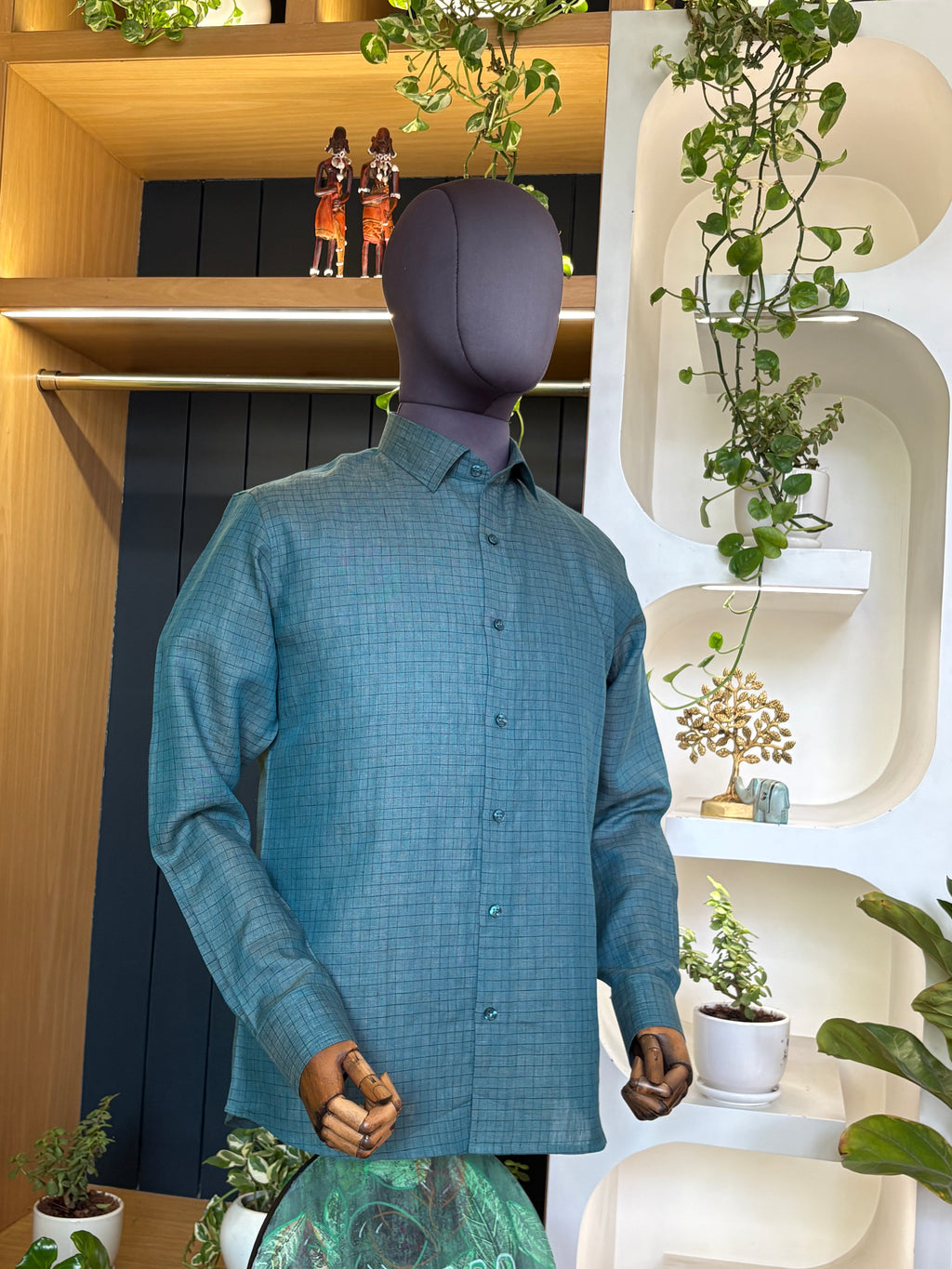 Politico mens sea green checks linen Shirt
