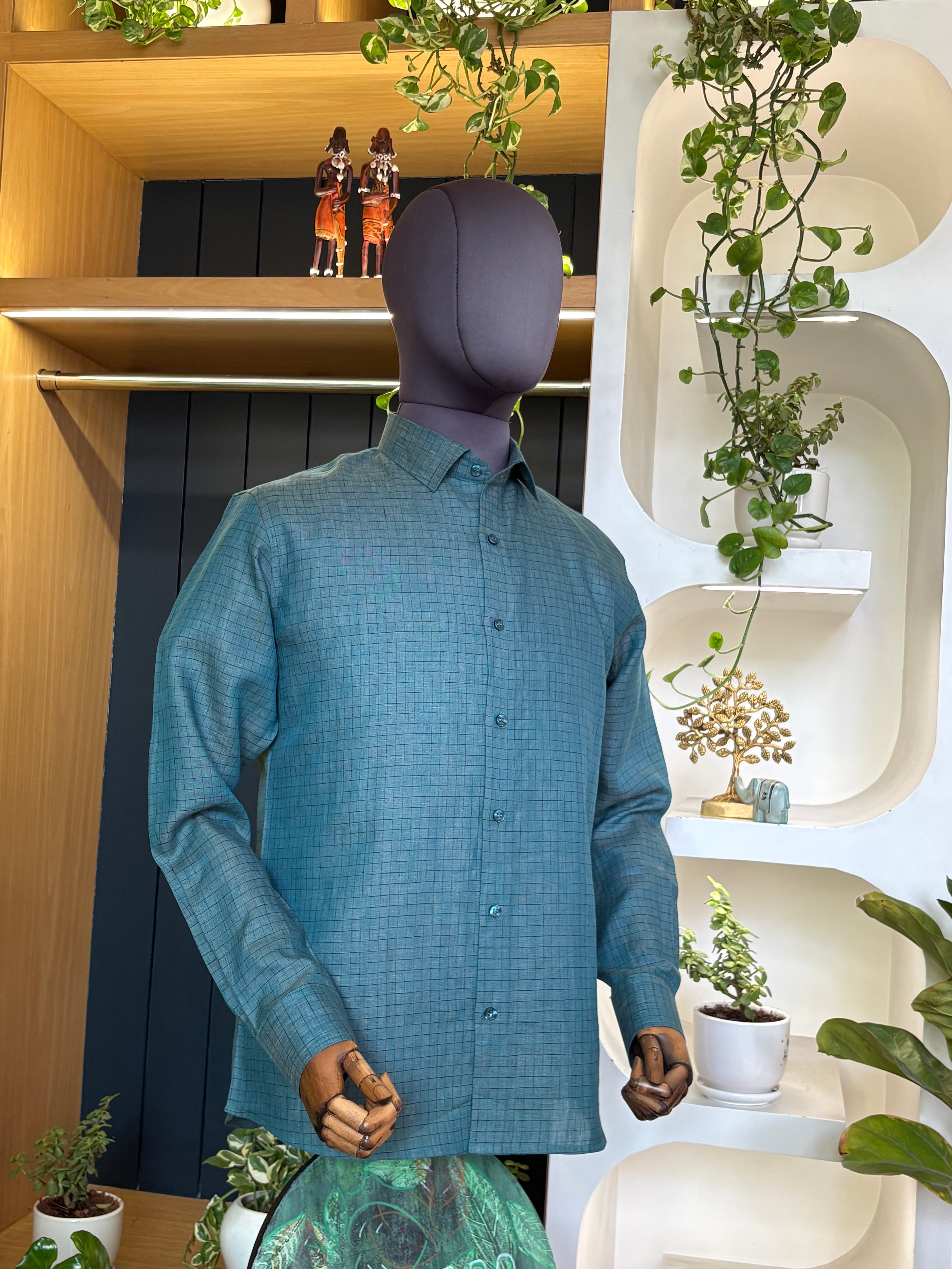 Politico mens sea green checks linen Shirt