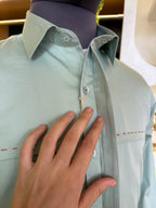Politico Mens pastel green satin cotton shirt with saddle stitch details on the chest