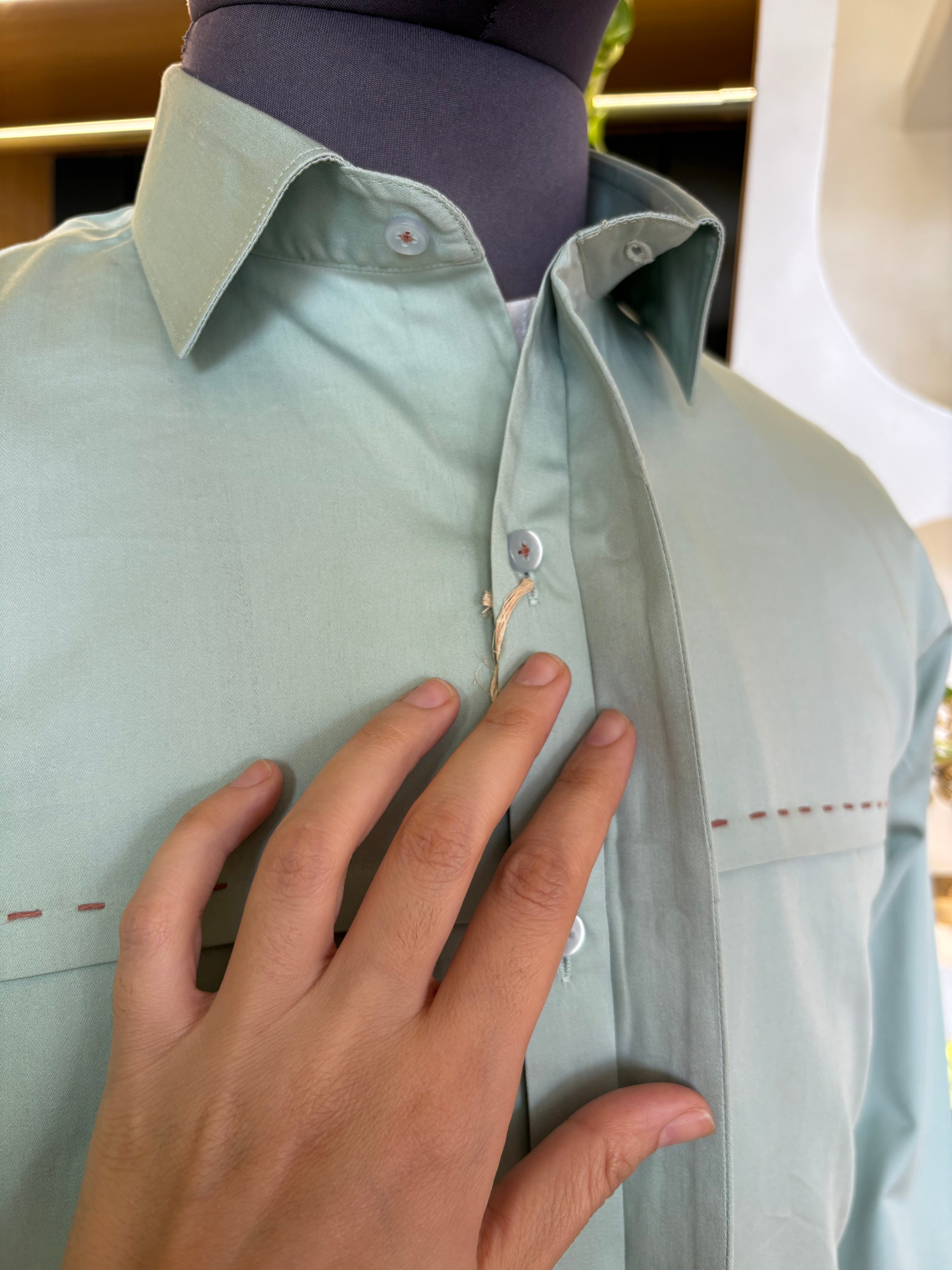 Politico Mens pastel green satin cotton shirt with saddle stitch details on the chest