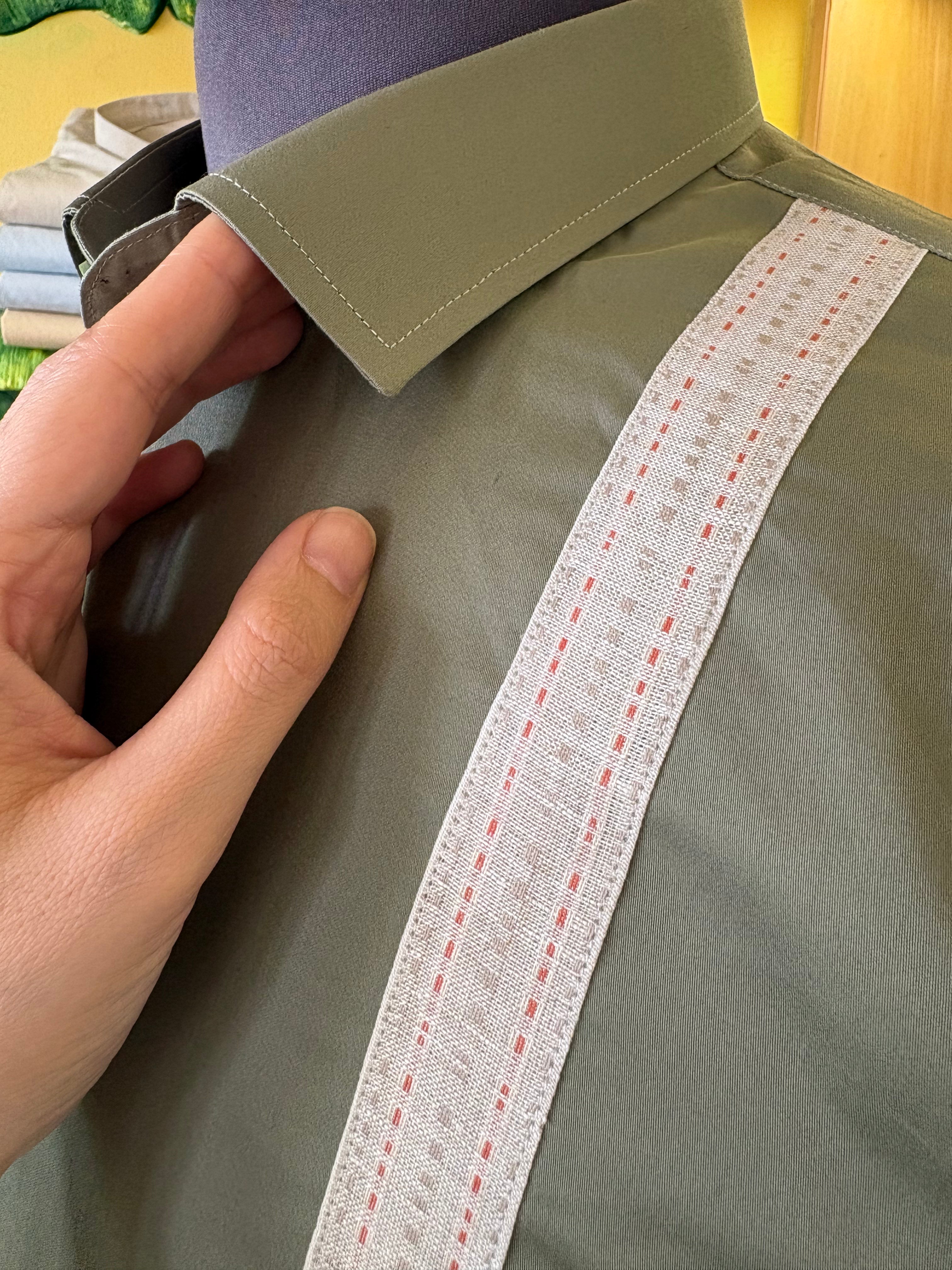Politico Mens olive green satin cotton shirt with linen strip detailing
