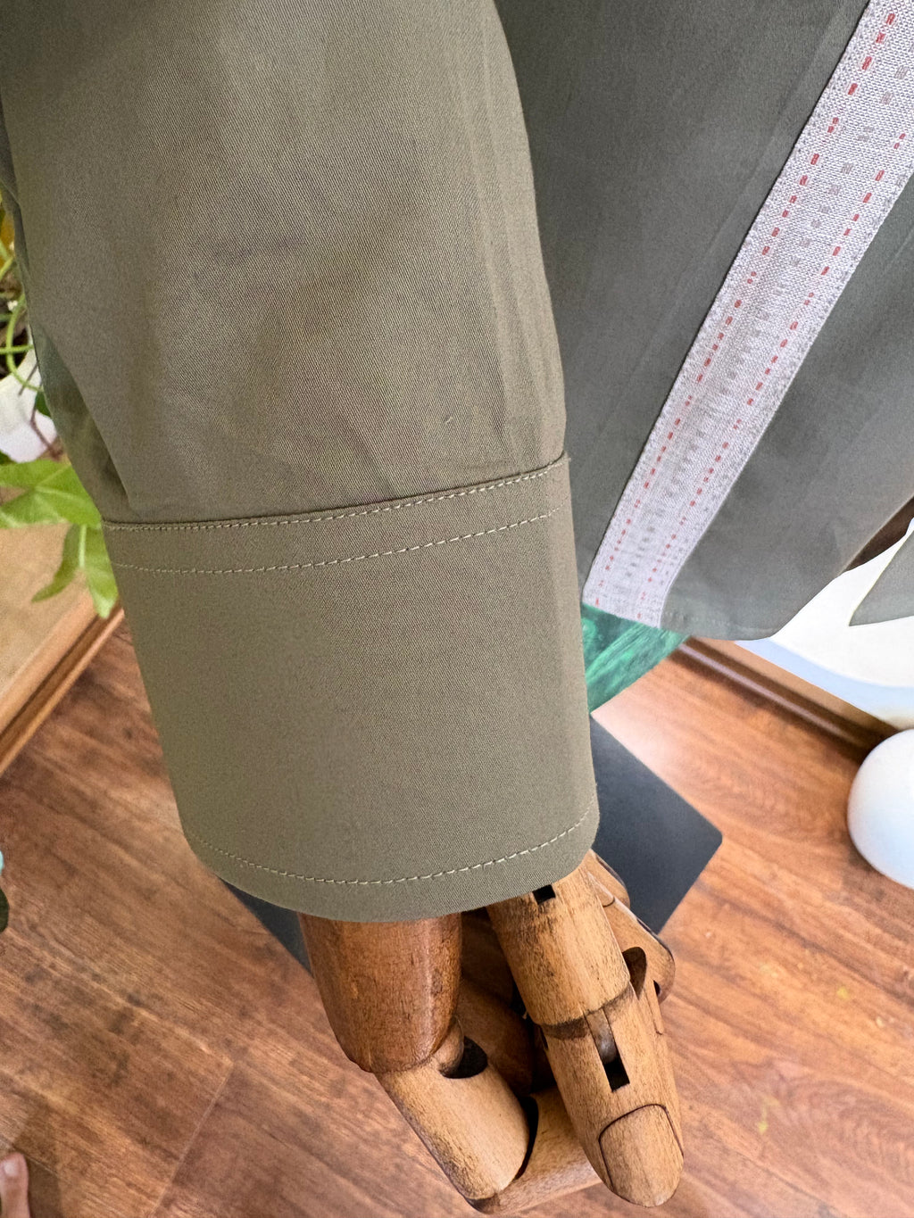 Politico Mens olive green satin cotton shirt with linen strip detailing
