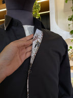 Politico mens shirt charcoal grey satin cotton with floral details