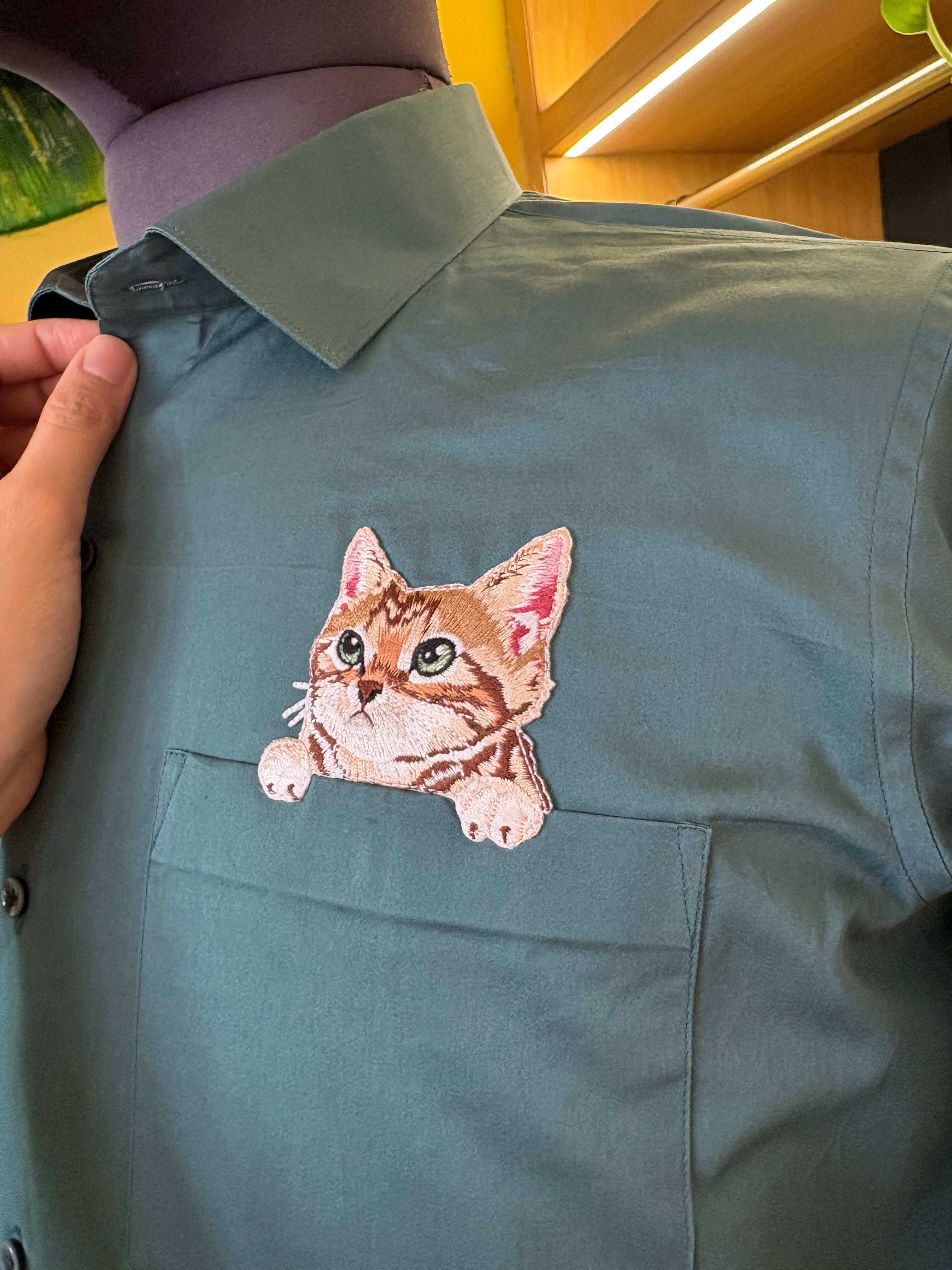 Politico mens cotton olive satin shirt with embroidery cat patch
